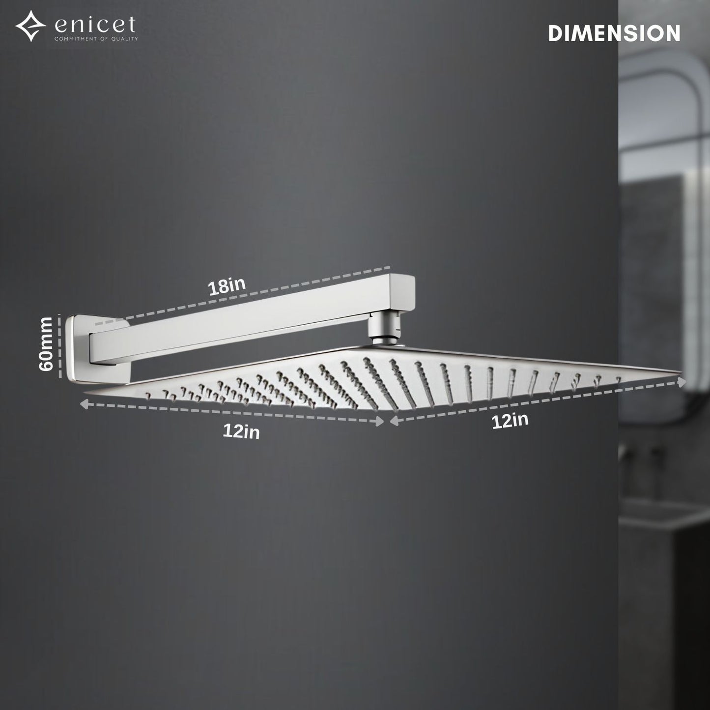 ENICET 12 Inch Shower, Stainless Steel 304, Ultra Slim, Rain FLow, 12X12 Shower With Arm & Flange, Square Shower Head For Bathroom, Easy to Clean Soft Rubber Nozzles