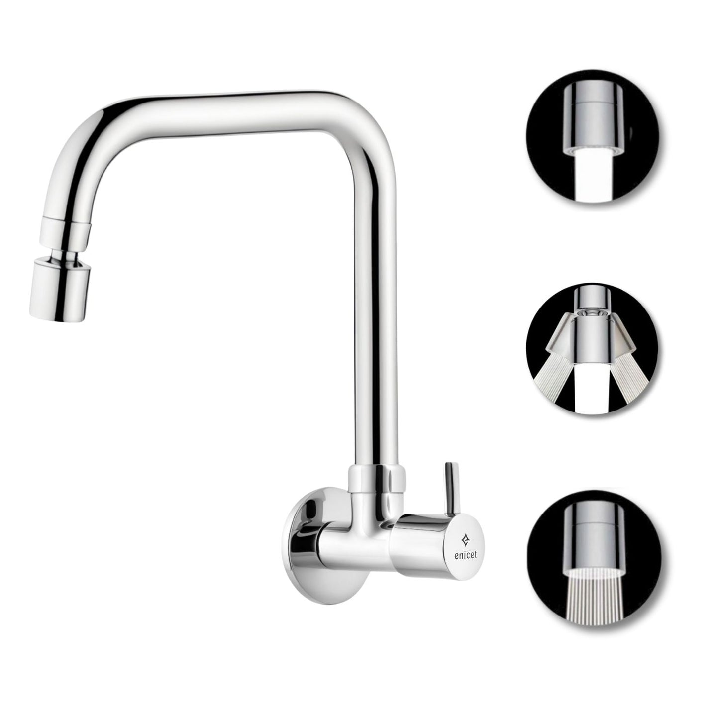 ENICET Sink Cock with 2 Flow Function, Chrome Finish, Silver, with Wall Flange, 360° Rotating Swivel Spout, Adjustable Angle Head, Kitchen Sink Tap, Tap for Kitchen Sink, Dual Flow