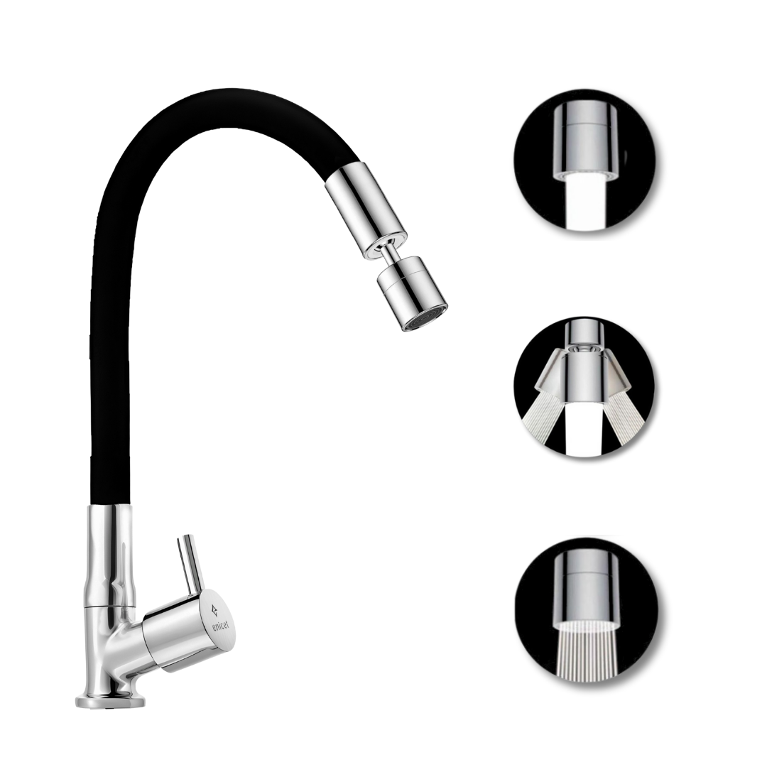 ENICET Dual Flow Swan Neck Sink Tap with Flexible Spout, 360 Swivel Spout, Germany Made 2 Flow System, Deck Mount, rust-resistant , Kitchen Sink Tap, Tap for Kitchen Sink, Wash Basin Tap