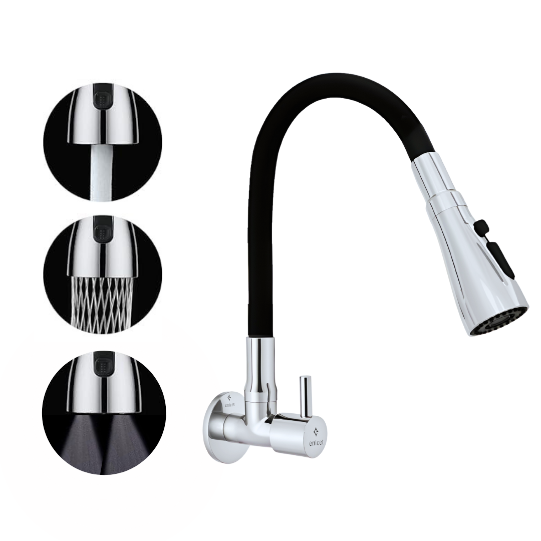Enicet Flexible Neck Sink Tap for Kitchen, Wall Mount, Chrome Finish, 3 Flow Function, 360 Swinging Swivel Spout, Brass Build, Kitchen Sink Tap