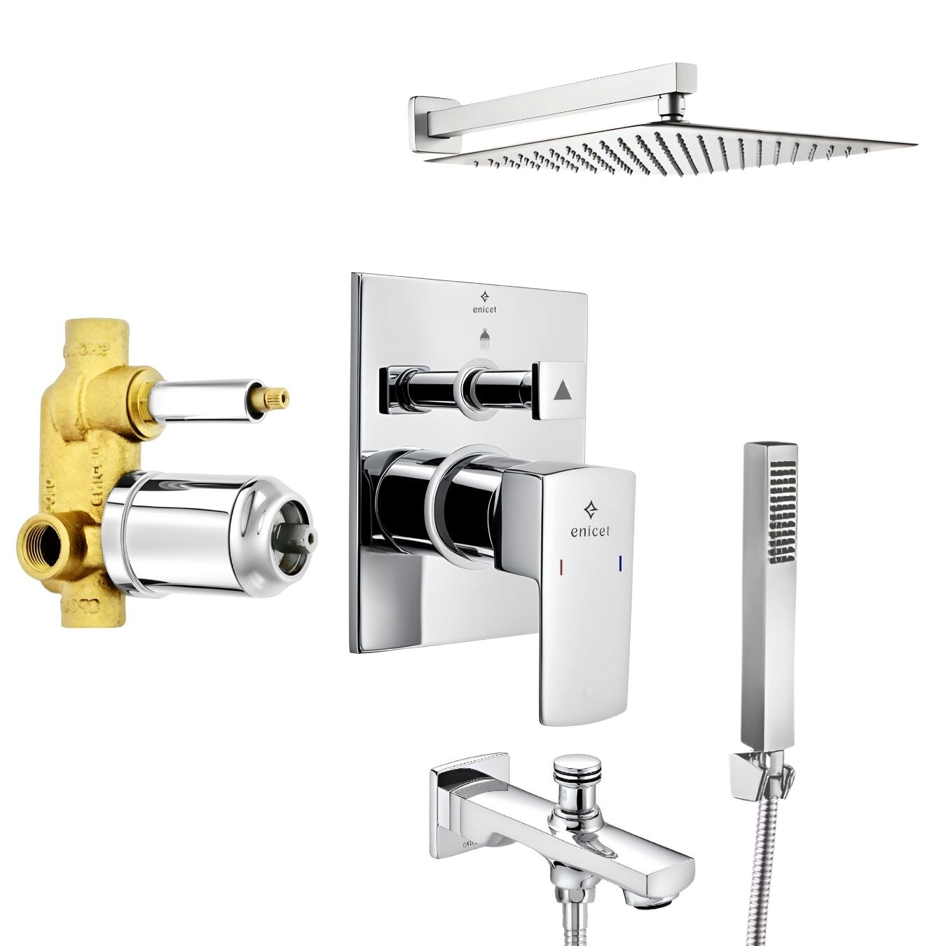 Enicet rust-resistant High Flow Diverter Set With 8 Inch Shower & Hand Shower, Chrome Finish, Bathroom Shower Set, Shower System, Hot And Cold Water Mixer Tap