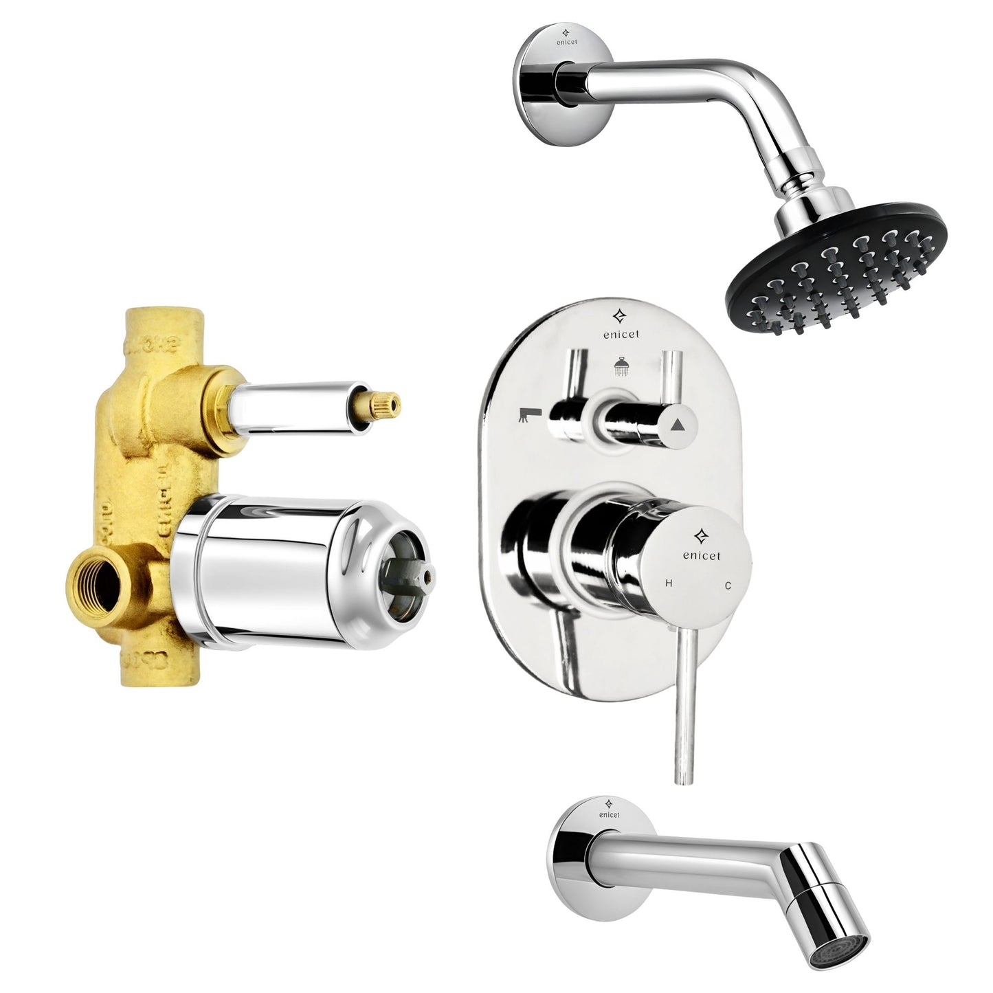 Enicet rust-resistant High Flow Diverter With Spout & Shower, Brass Build, Chrome Plated, Rain Flow Shower, Bathroom Shower System, Bathroom Mixer Tap, Diverter Combo