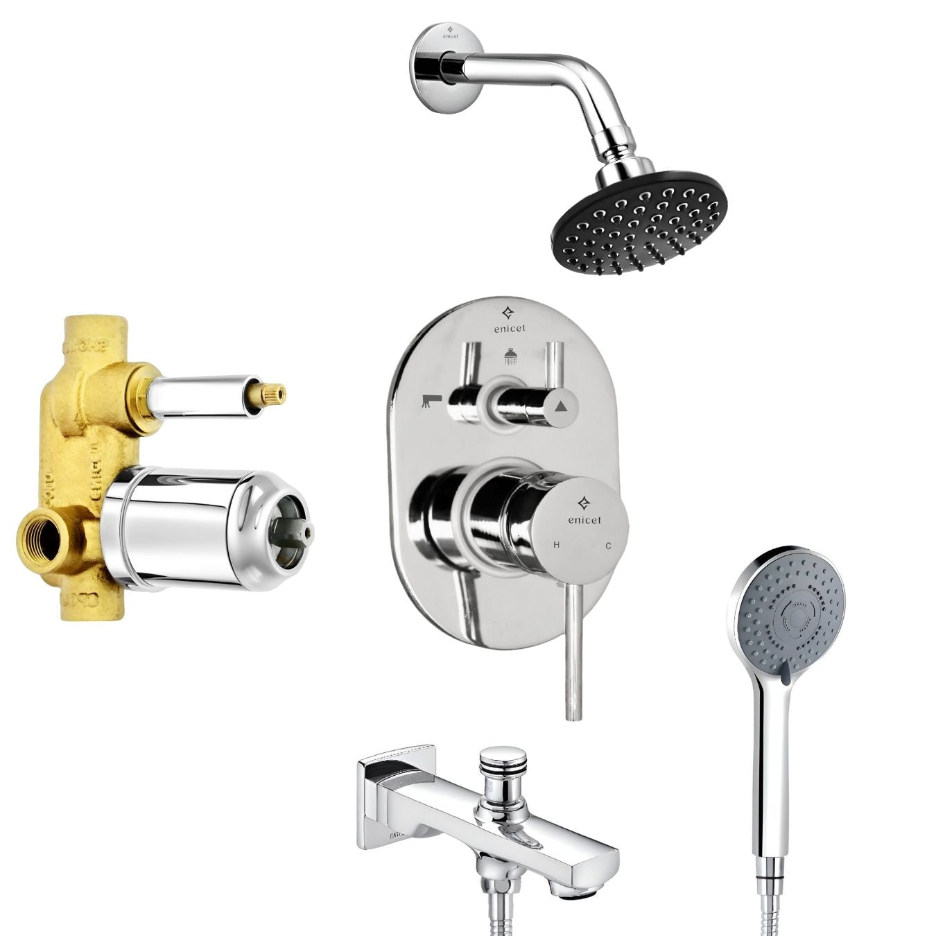Enicet rust-resistant High Flow Diverter Full Set, With Spout, Overhead Shower & Hand Shower, Chrome Plated, Rain FLow Shower, 3 Flow Hand Shower, Bathroom Shower System, Bathroom Mixer Tap