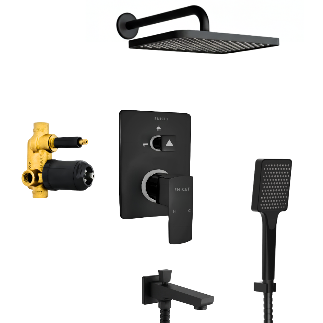 Enicet Matte Black Concealed Shower Set 7x11 Overhead
