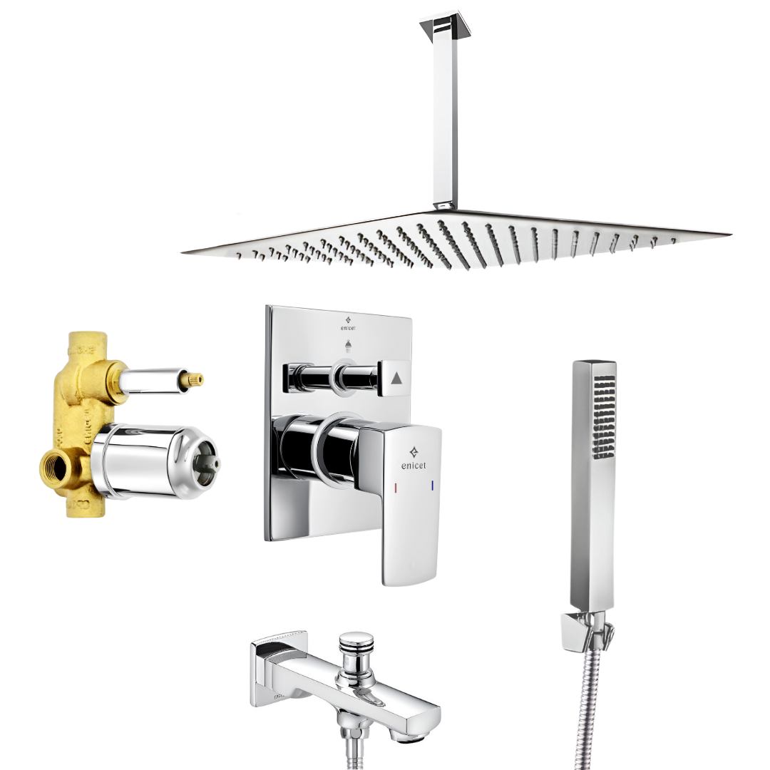 Enicet Brass High Flow Diverter Set With 12 Inch Ceiling Shower & Hand Shower, Chrome Finish, Bathroom Shower Set, Shower System, Hot And Cold Water Mixer Tap