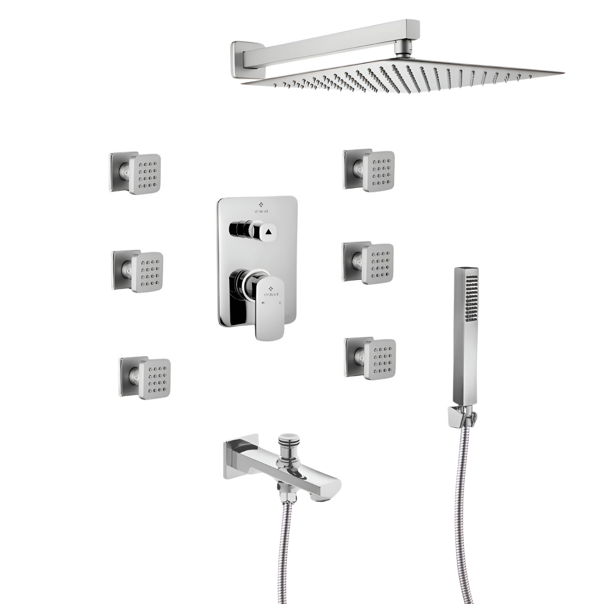 Enicet 4 Outlet Body Jet Diverter Set, 12 Inch Overhead Shower, 6 Jet Showers, Brass Build, High Flow, Shower Full Set, Diverter Combo, Hot and Cold Water Mixer