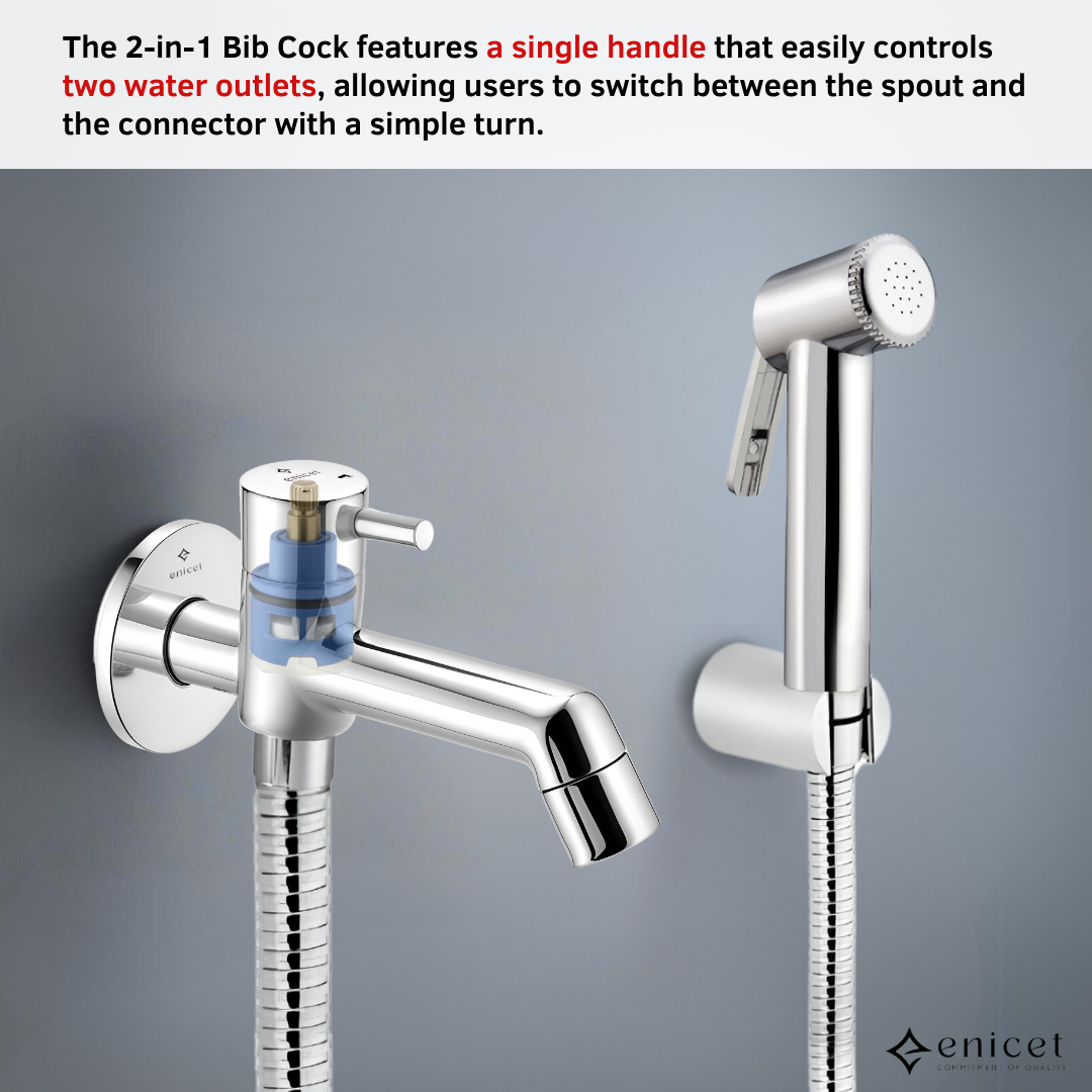 ENICET 2 in 1 Bib Cock with Health Faucet, Stainless Steel 304, 1 Meter Hose & Stand, Two Way Tap for Bathroom with Health Faucet Jet Spray