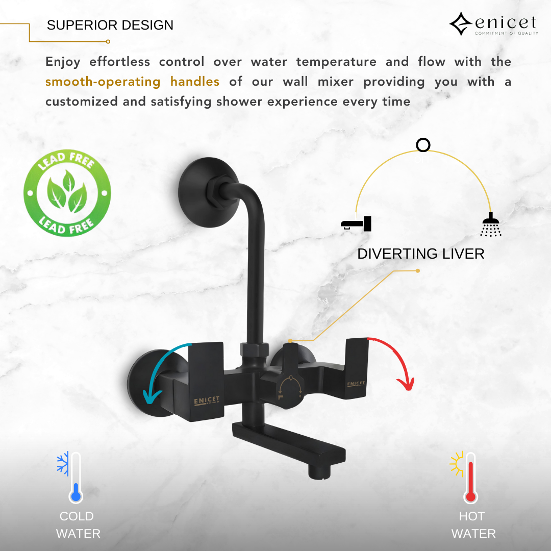 QUBICS Wall Mixer 2 in 1 with Bend | Black Shower Mixer Tap Set for Bathroom | Overhead Shower Use