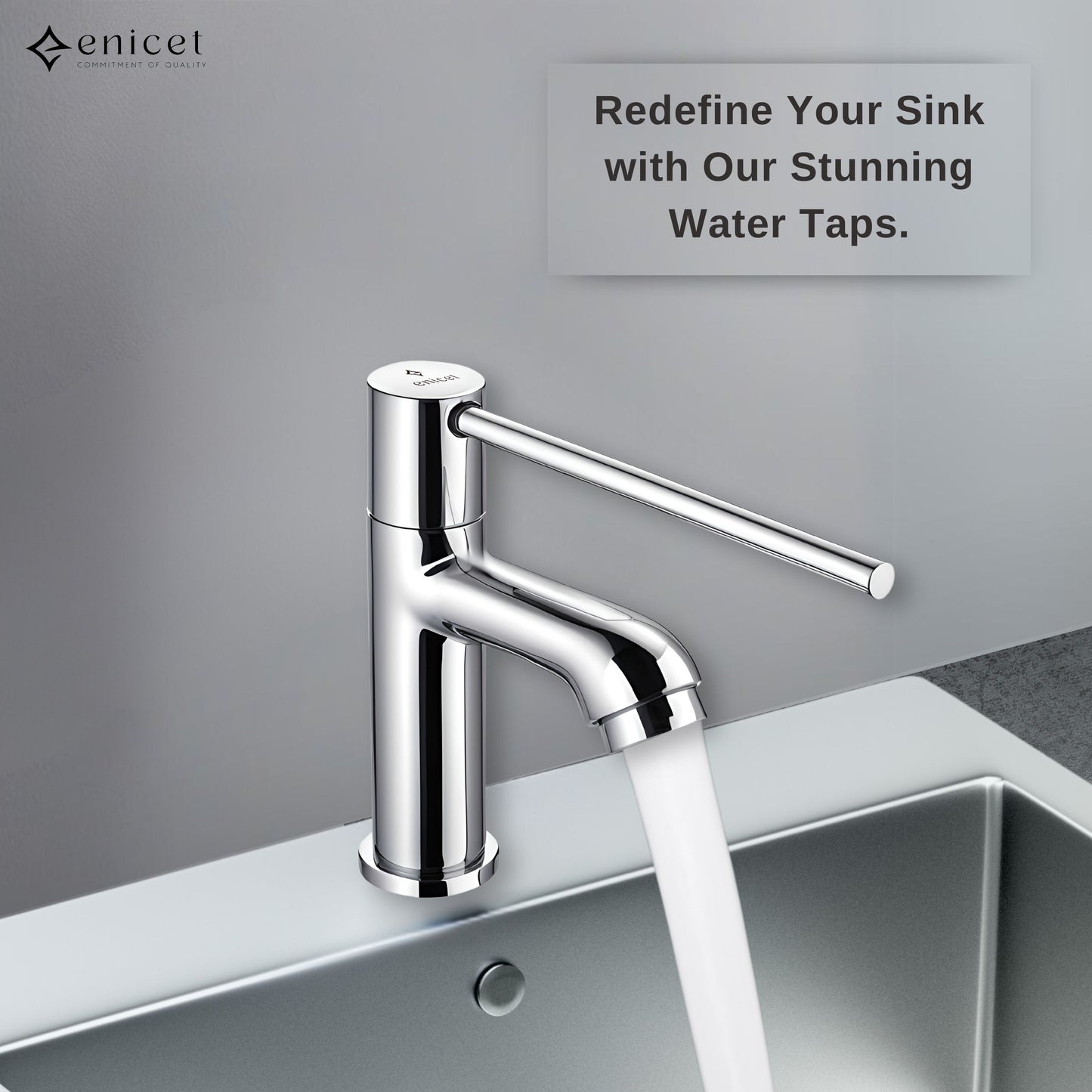 Enicet Pillar Cock, Brass Build, Chrome Finish, Long Hnadle, Elbow/Wrist Operated, Sink Tap