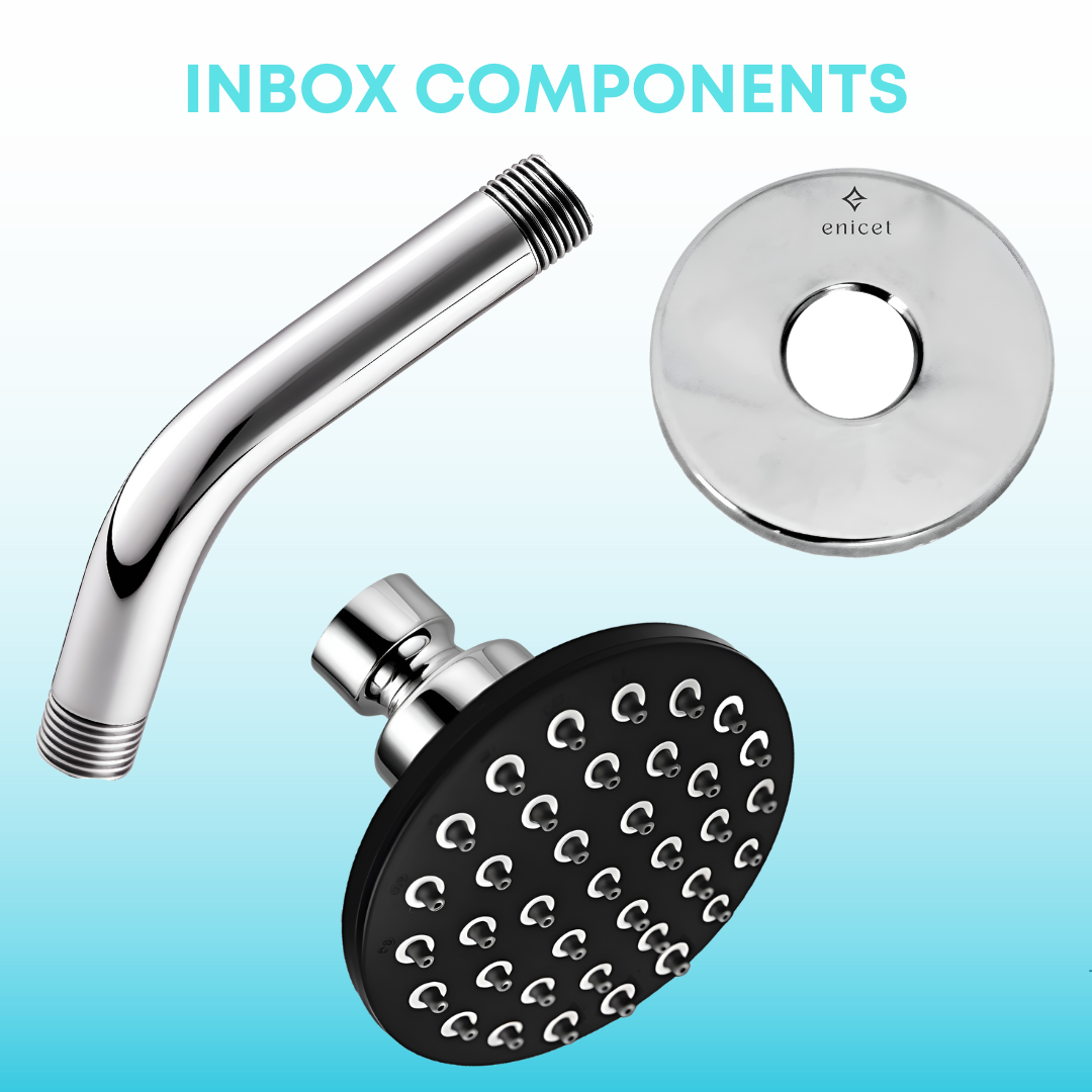 Enicet 4-INCH Overhead Round Shape Shower With 7 Inch Arm & Flange,Shower for Bathroom, Rain Flow Overhead Shower with Arm,Bathroom shower set, Chrome Finish (Black)