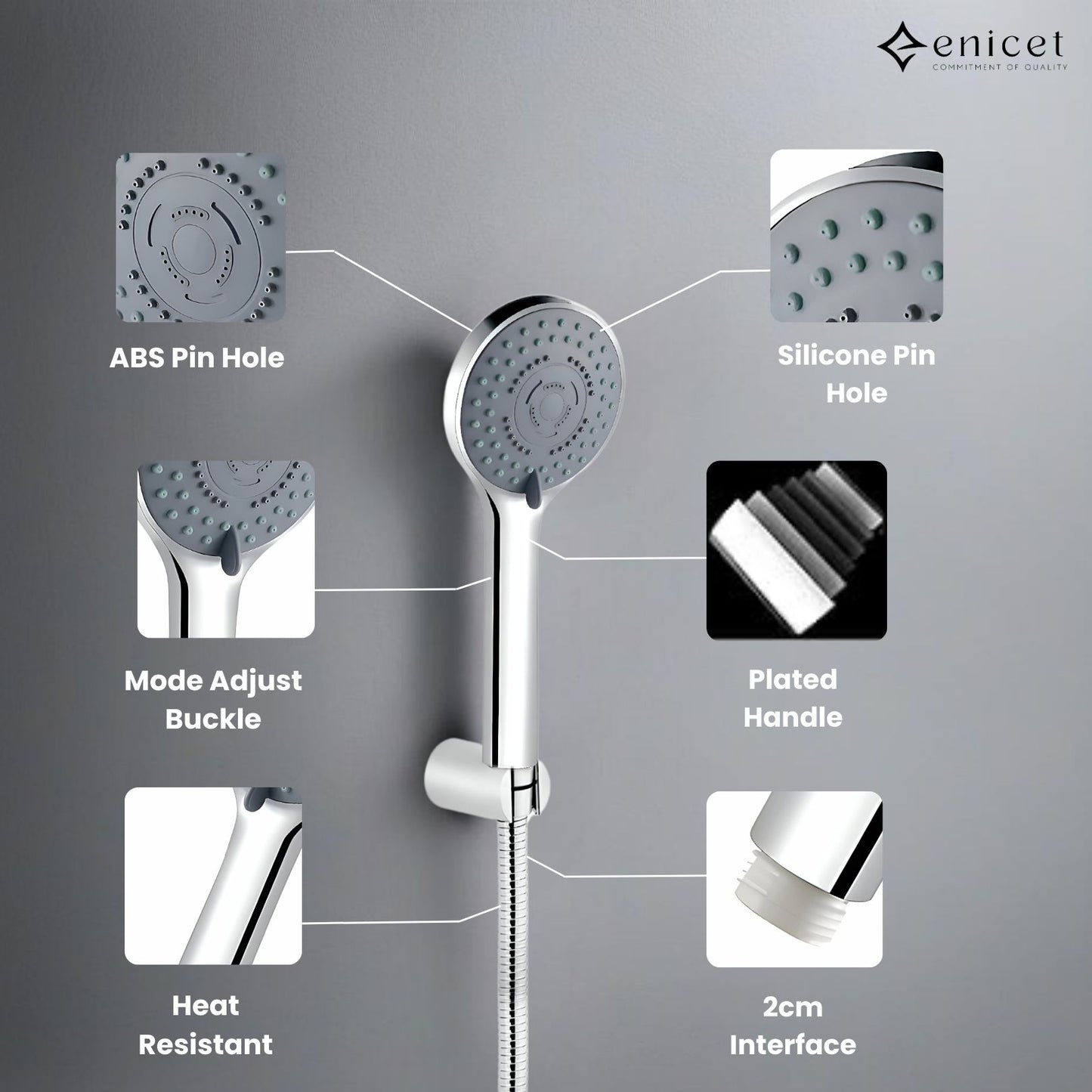 ENICET 5 Flow Function Hand Shower For Bathroom, Chrome Finish, ABS Handheld Shower Head Only, Round