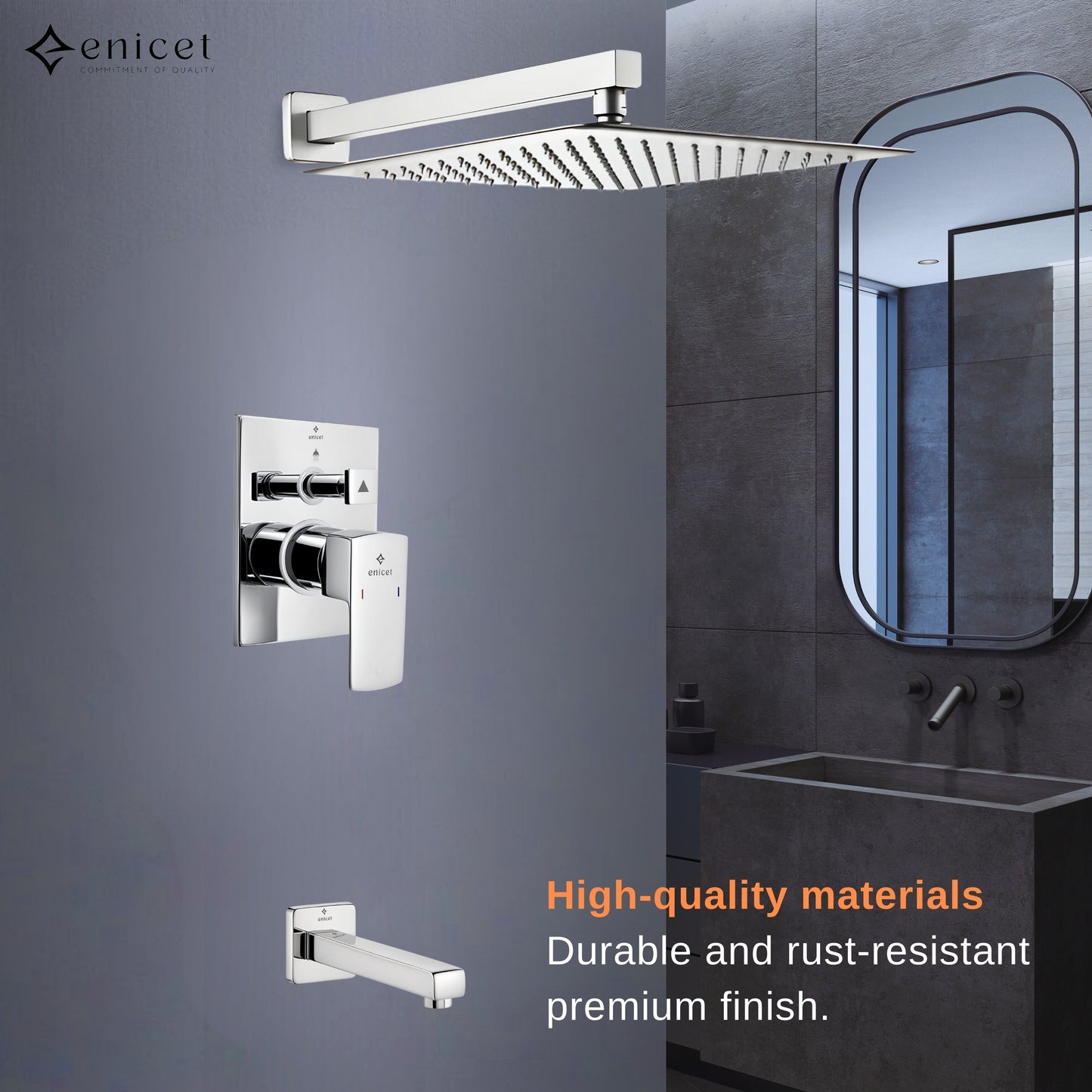 Enicet rust-resistant High Flow Diverter Set With 12 Inch Overhead Shower, Chrome Finish, Bathroom Shower Set, Shower System, Hot And Cold Water Mixer Tap