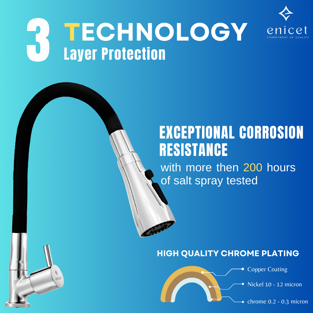 Enicet Flexible Swan Neck Pillar Tap for Kitchen, 3 Flow Function, 360 Swinging Swivel Spout, Brass Build,Chrome Finish, Kitchen Sink Tap, Flexible Neck, Deck Mount