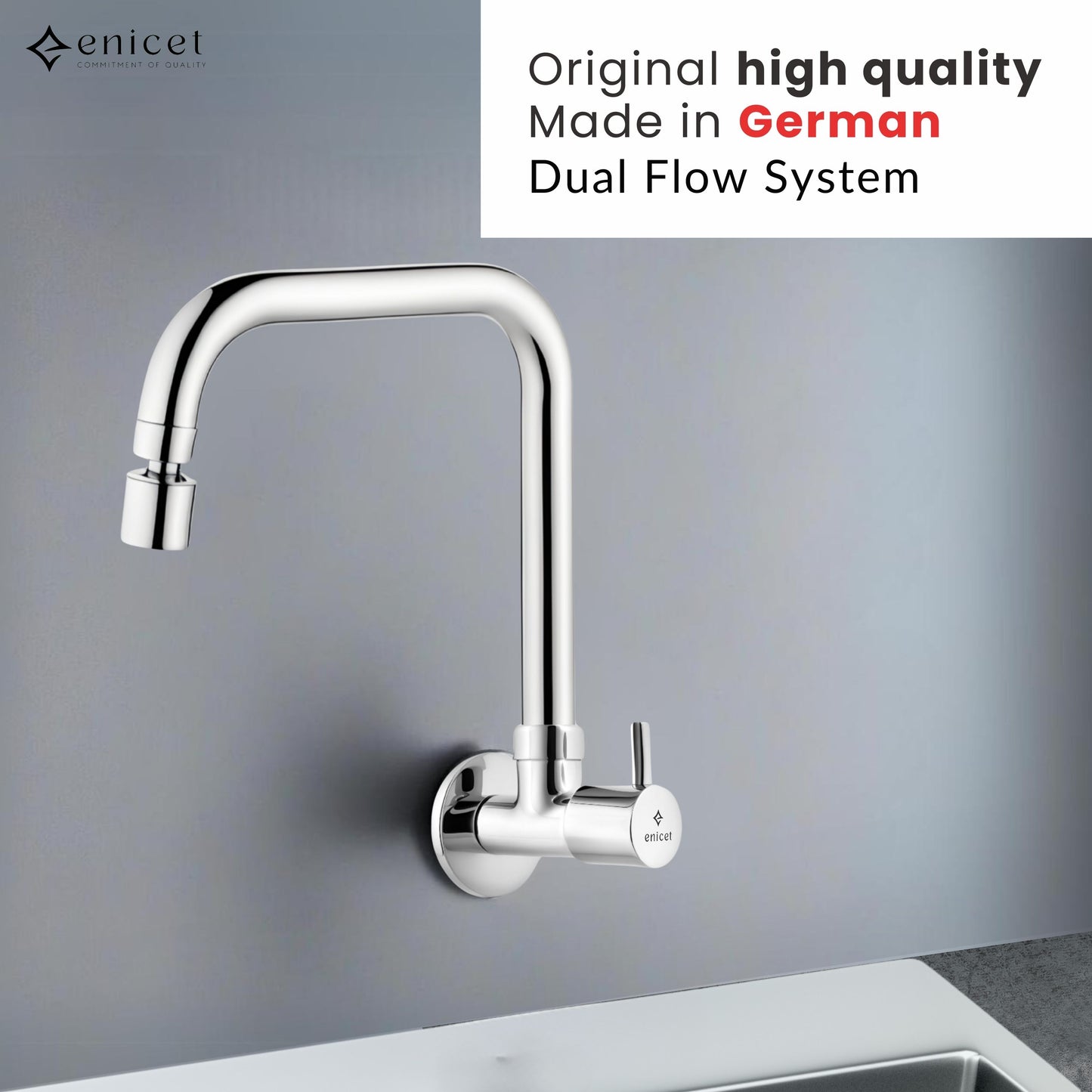 ENICET Sink Cock with 2 Flow Function, Chrome Finish, Silver, with Wall Flange, 360° Rotating Swivel Spout, Adjustable Angle Head, Kitchen Sink Tap, Tap for Kitchen Sink, Dual Flow