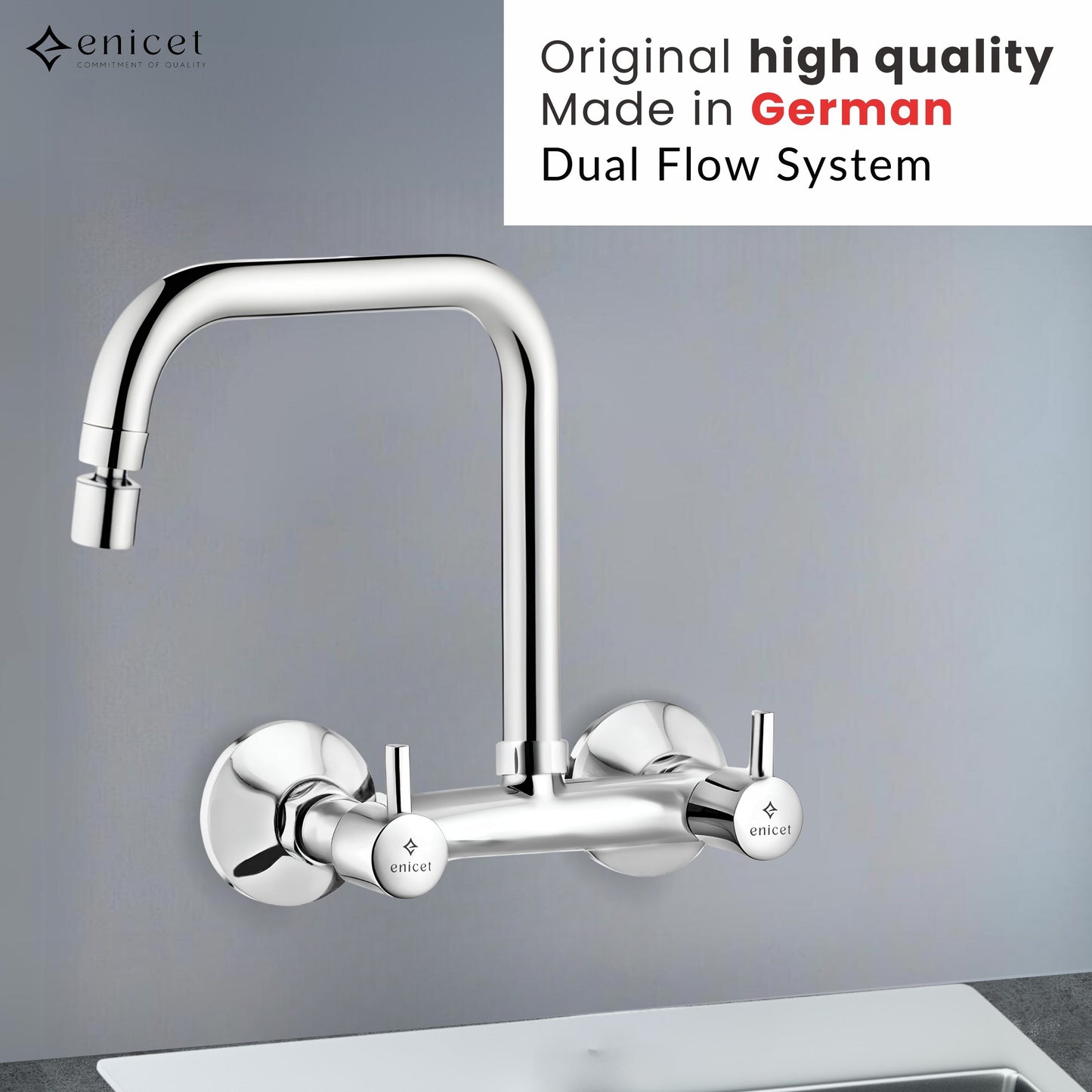 ENICET Sink Mixer with 2 Flow Function, Extended Spout, Chrome Finish, 360 Degree Swinging Swivel Spout, Adjustable Angle Head, Kitchen Sink Mixer Tap
