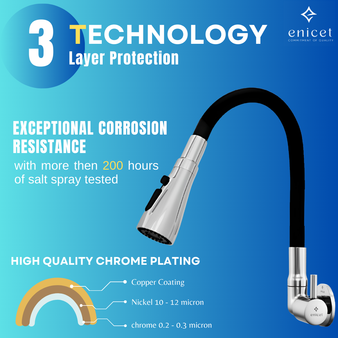 Enicet Flexible Neck Sink Tap for Kitchen, Wall Mount Side Sink Tap, Chrome Finish, 3 Flow Function, 360 Swinging Swivel Spout, rust-resistant, Kitchen Sink Tap,