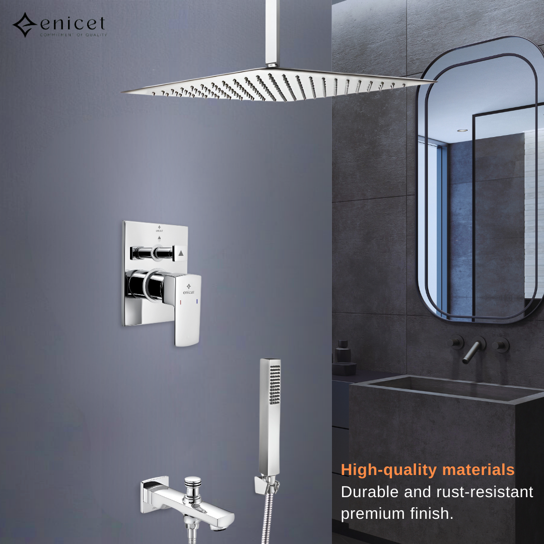 Enicet Brass High Flow Diverter Set With 12 Inch Ceiling Shower & Hand Shower, Chrome Finish, Bathroom Shower Set, Shower System, Hot And Cold Water Mixer Tap