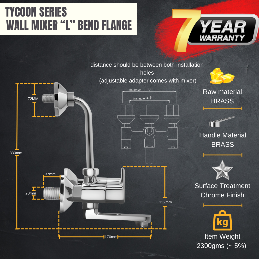 ENICET rust-resistant Durable Wall Mixer 2 In 1 With Bend For Over Head Shower and 125mm Long Bend Pipe, Hot and Cold Wall Mixer For Bathroom