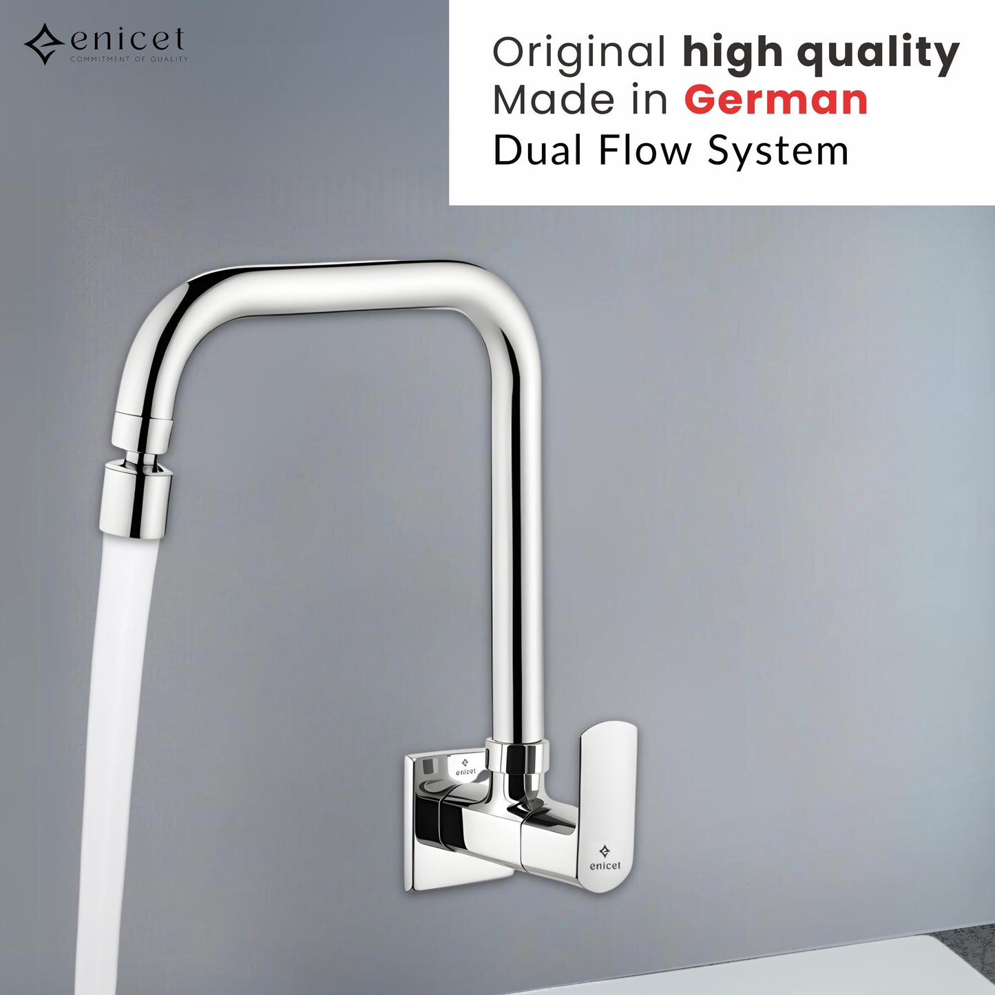 ENICET Sink Cock with Dual Flow Function, Chrome Finish, Silver, with Wall Flange, 360° Swivel Spout, Adjustable Angle Head, Kitchen Sink Tap, Tap for Kitchen Sink, 2 Flow