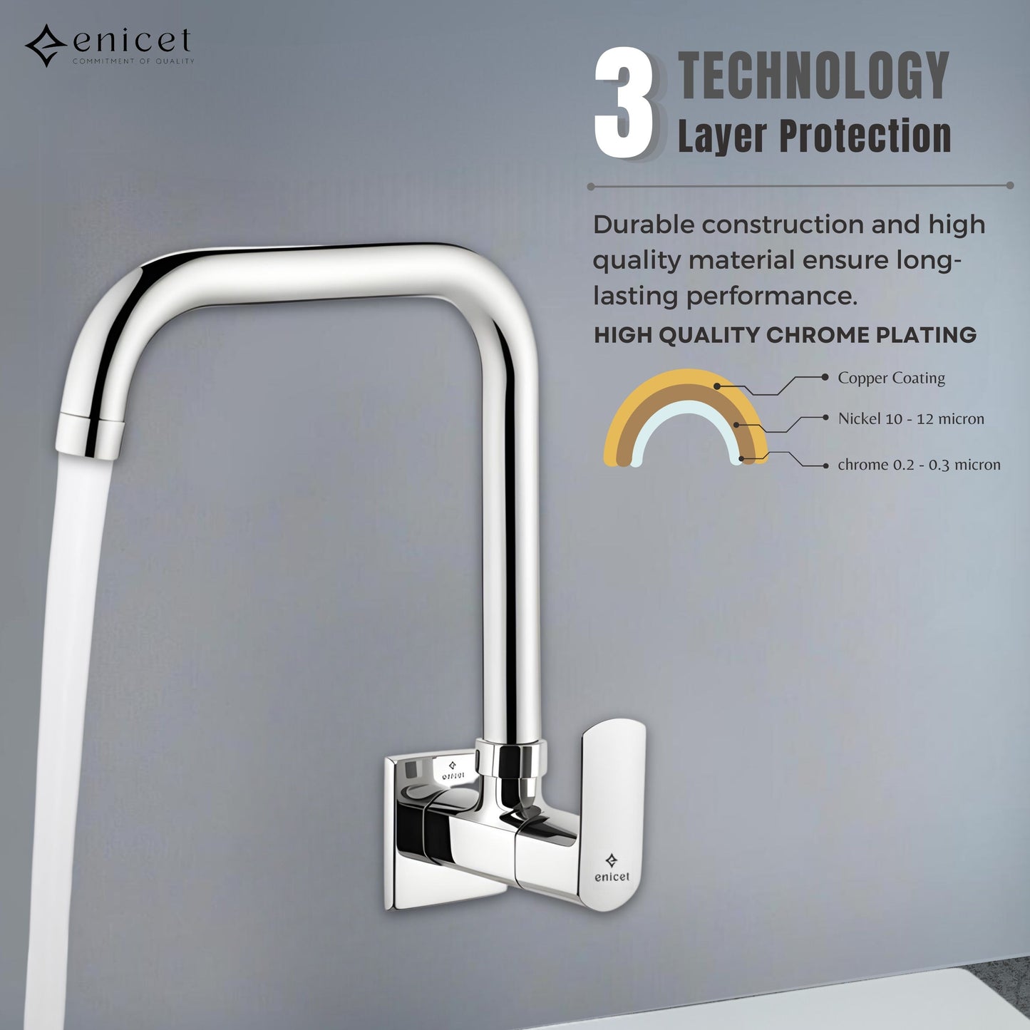 ENICET Sink Cock with Extended Spout, Chrome Finish, Silver, with Wall Flange, 360° Swivel Spout, Adjustable Angle Head, Kitchen Sink Tap, Tap for Kitchen Sink