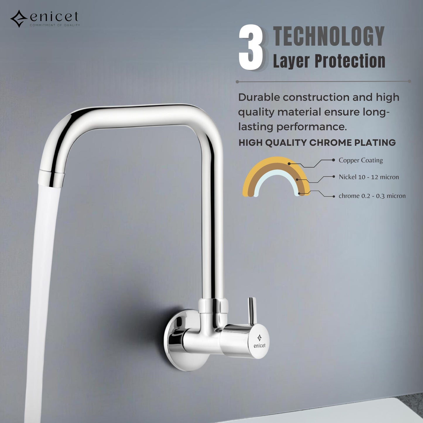 ENICET Sink Cock with Extended Spout, Chrome Finish, Silver, with Wall Flange, 360° Rotating Swivel Spout, Kitchen Sink Tap, Tap for Kitchen Sink, Wall Mount