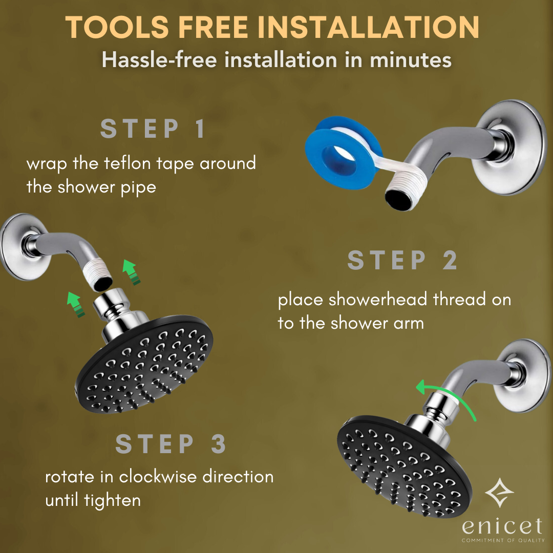 ENICET 5 Inch Overhead Round Shape Shower Head only, Rain Flow Overhead Shower Without Arm, Round Shower for Bathroom, Chrome Finish (Black)