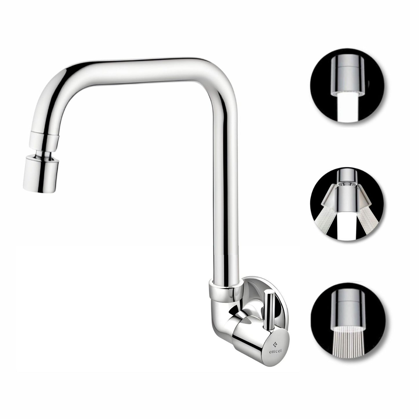ENICET Side Sink Cock with 2 Flow Function, Chrome Finish, Silver, with Wall Flange, 360° Swivel Spout, Adjustable Angle Head, Kitchen Sink Tap, Tap for Kitchen Sink, Dual Flow