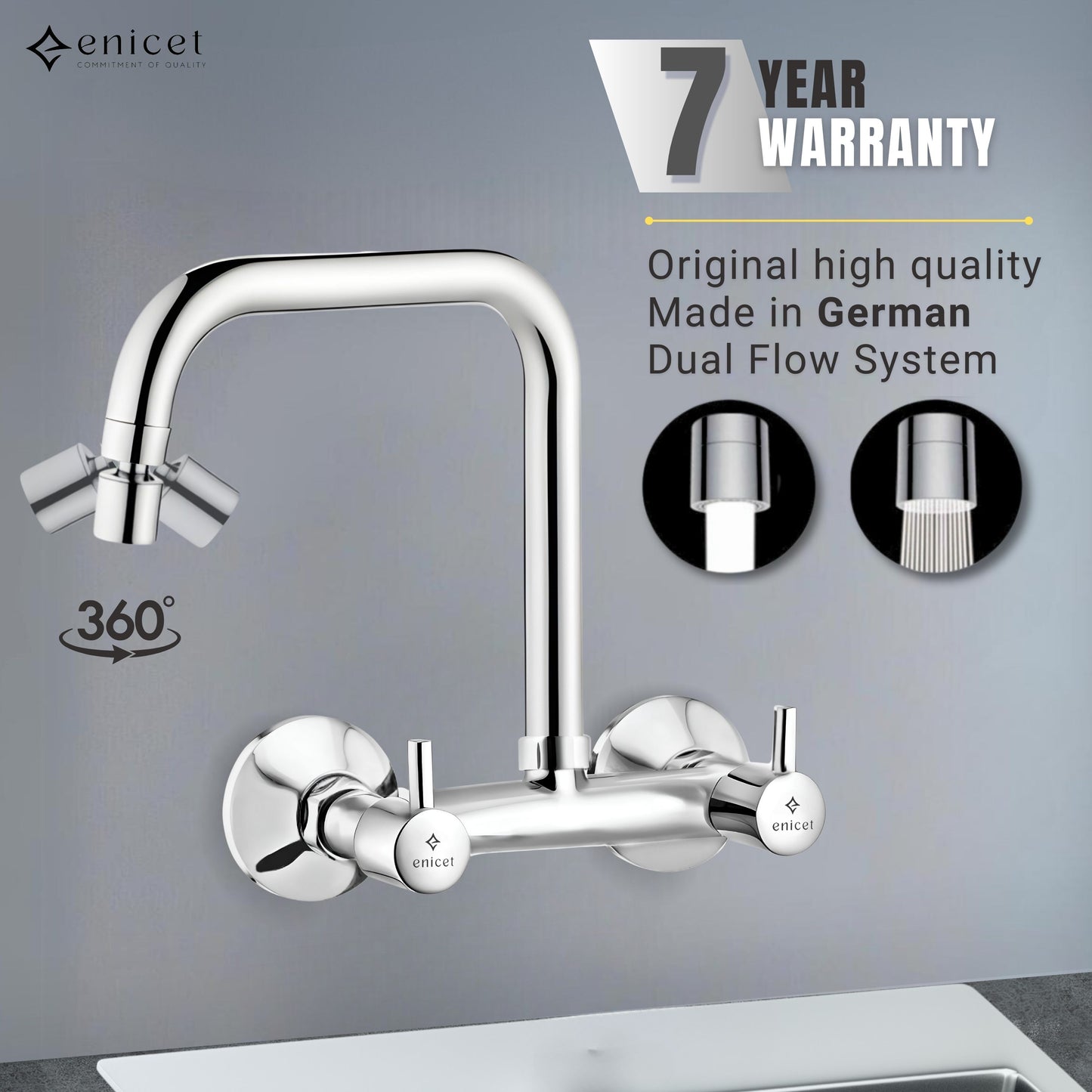 ENICET Sink Mixer with 2 Flow Function, Extended Spout, Chrome Finish, 360 Degree Swinging Swivel Spout, Adjustable Angle Head, Kitchen Sink Mixer Tap