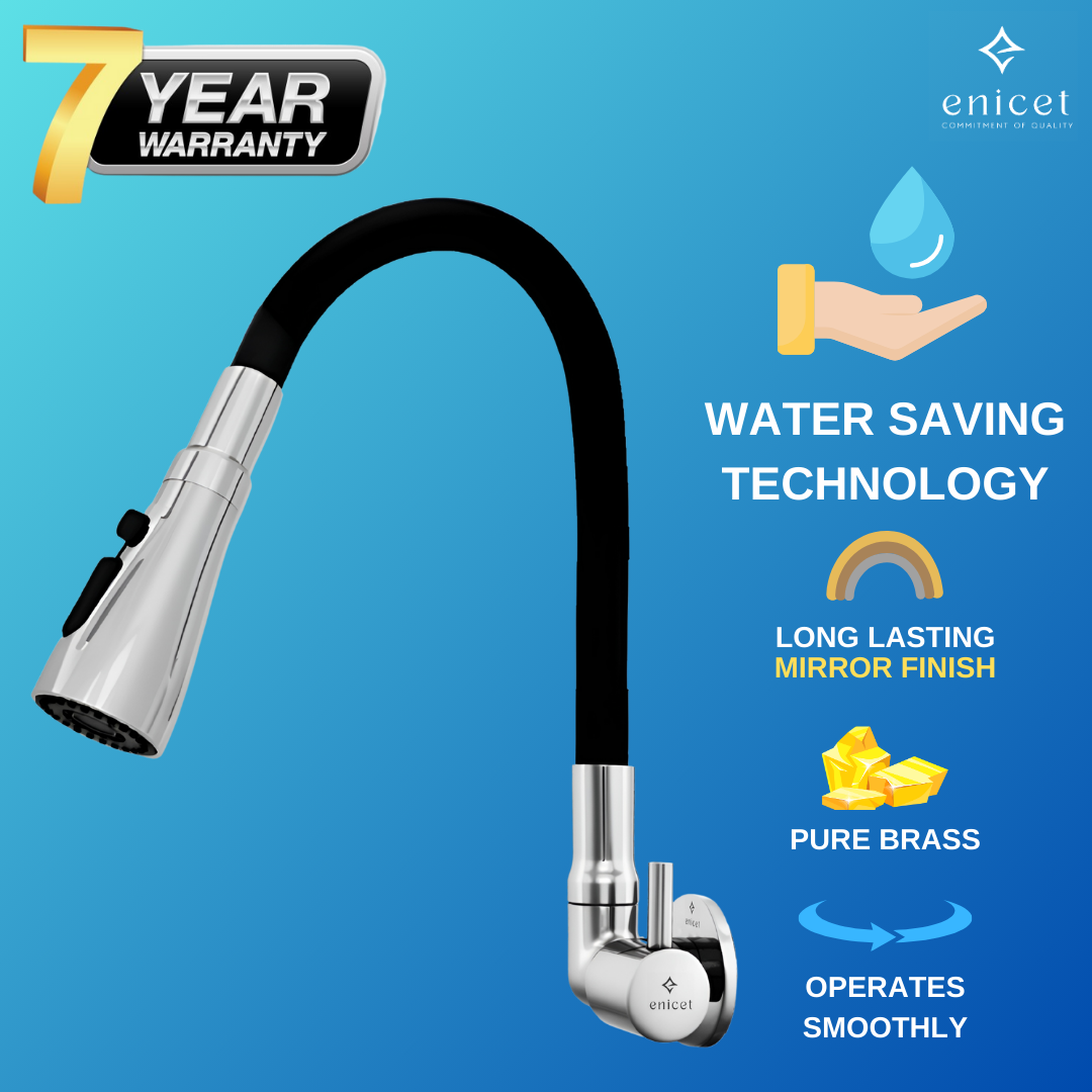 Enicet Flexible Neck Sink Tap for Kitchen, Wall Mount Side Sink Tap, Chrome Finish, 3 Flow Function, 360 Swinging Swivel Spout, rust-resistant, Kitchen Sink Tap,