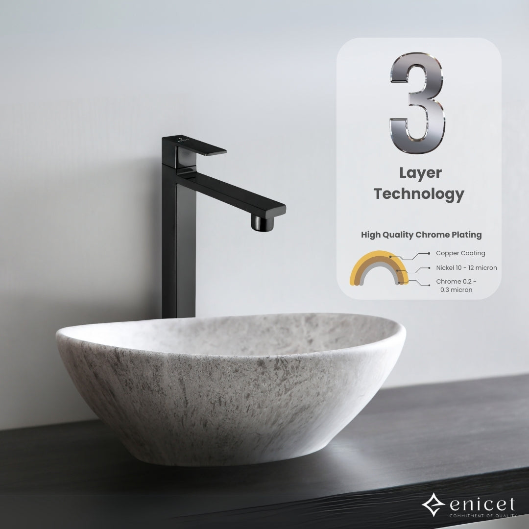 ENICET High Neck Pillar Cock, Matte Black Body, 12 inch Tall Extended Body, Foam Flow, Wash Basin Pillar Tap, Sink Tap for Kitchen and Bathroom