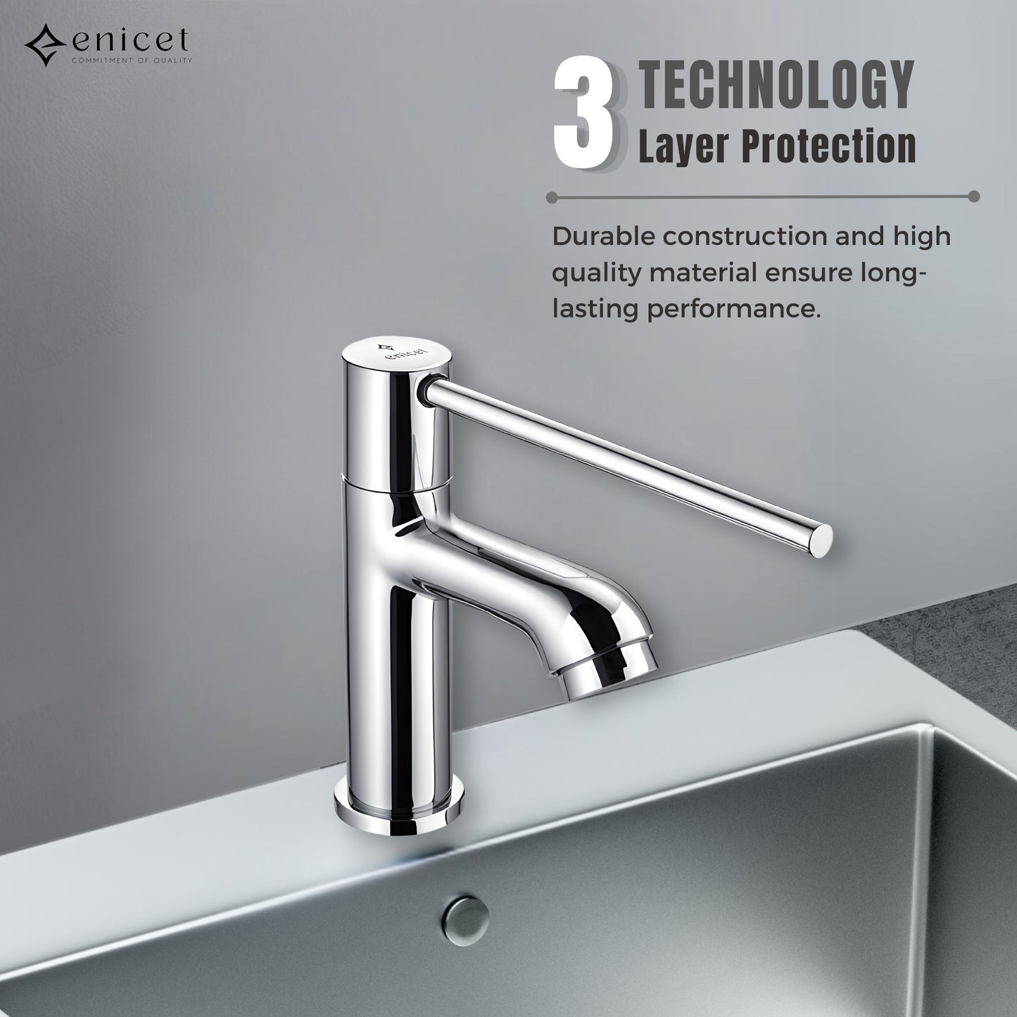 Enicet Pillar Cock, Brass Build, Chrome Finish, Long Hnadle, Elbow/Wrist Operated, Sink Tap