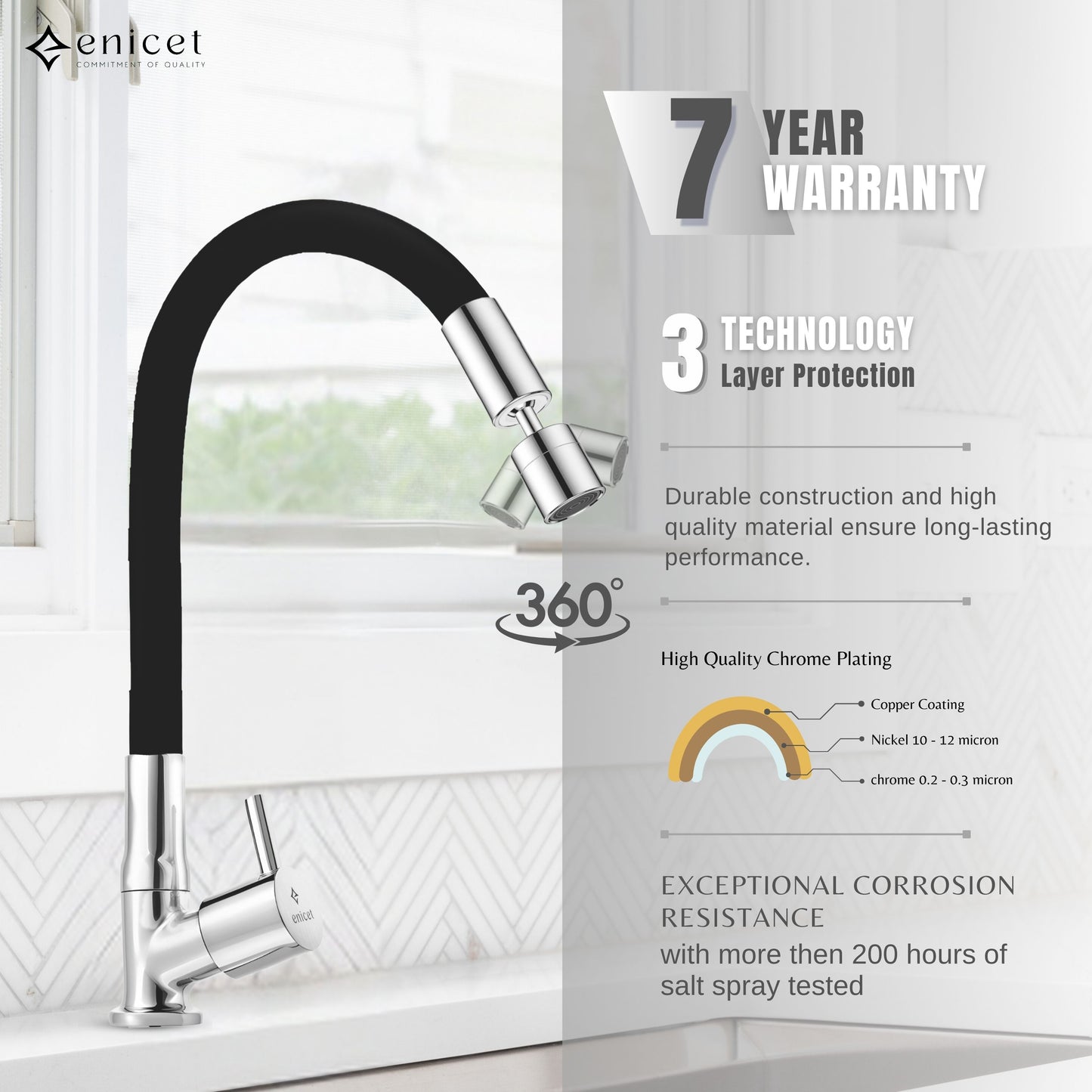 ENICET Dual Flow Swan Neck Sink Tap with Flexible Spout, 360 Swivel Spout, Germany Made 2 Flow System, Deck Mount, rust-resistant , Kitchen Sink Tap, Tap for Kitchen Sink, Wash Basin Tap