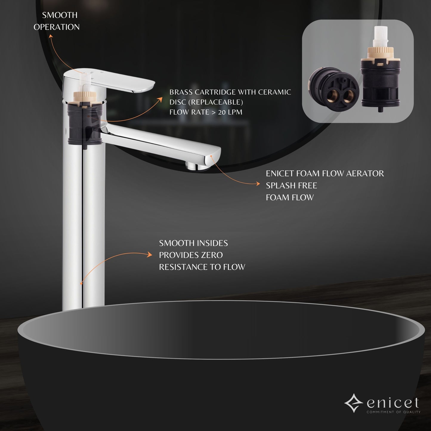 ENICET rust-resistant Single Lever Basin Mixer, 12 Inch Long Body, Chrome Finish, Hot and Cold Water Mixer Tap, 7 Years Warranty, Bathroom Wash Basin Tap
