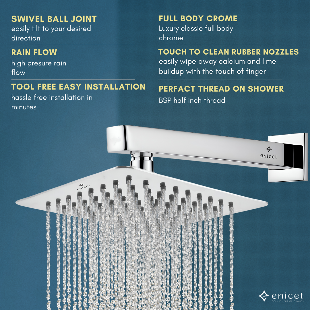 Enicet 6X6 Ultra Slim Rain Flow Shower, Overhead Shower With Arm, High Pressure Shower, Stainless Steel 6 Inch Shower, Shower Head For Bathroom, Bathroom Shower Set