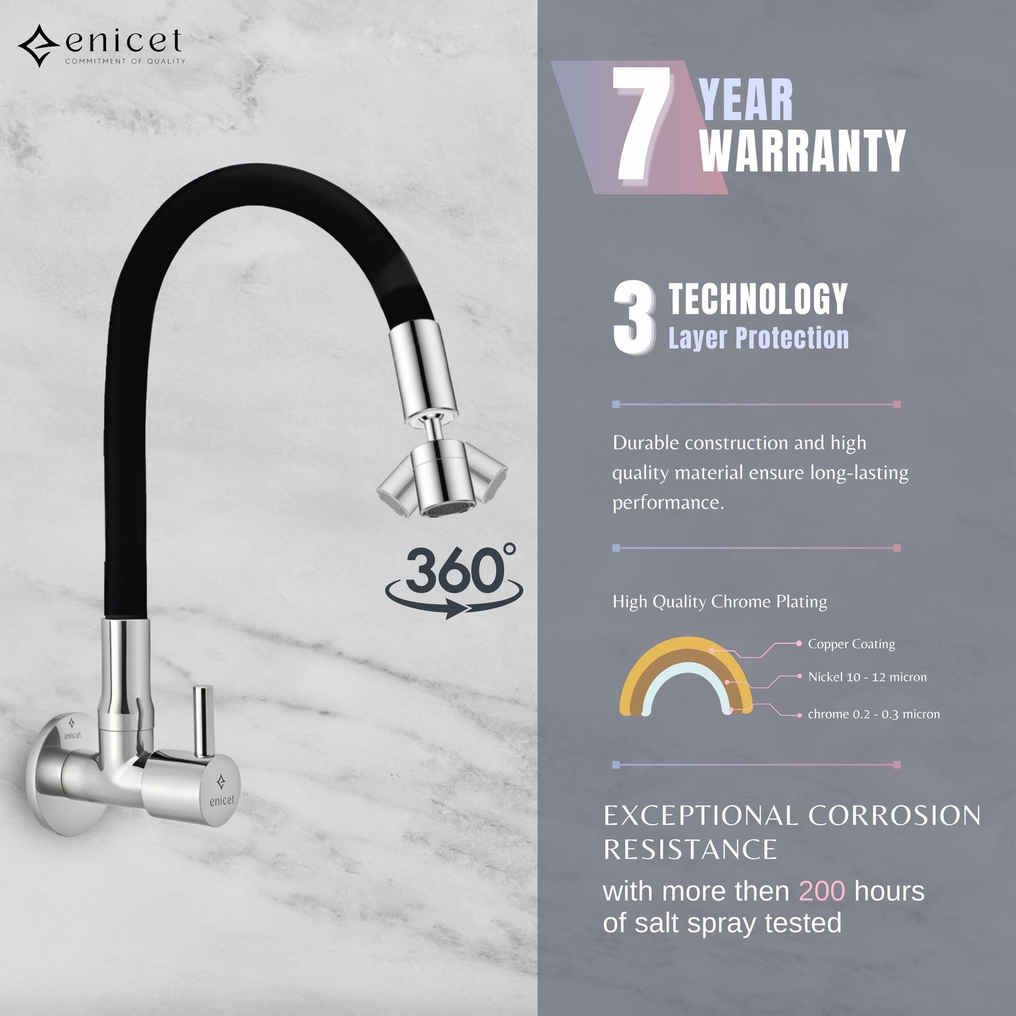 ENICET Dual Flow Sink Tap with Flexible Spout, 360 Rotating Swivel Swinging Spout, Brass Build, Kitchen Sink Tap, Tap for Kitchen Sink, Wash Basin Tap