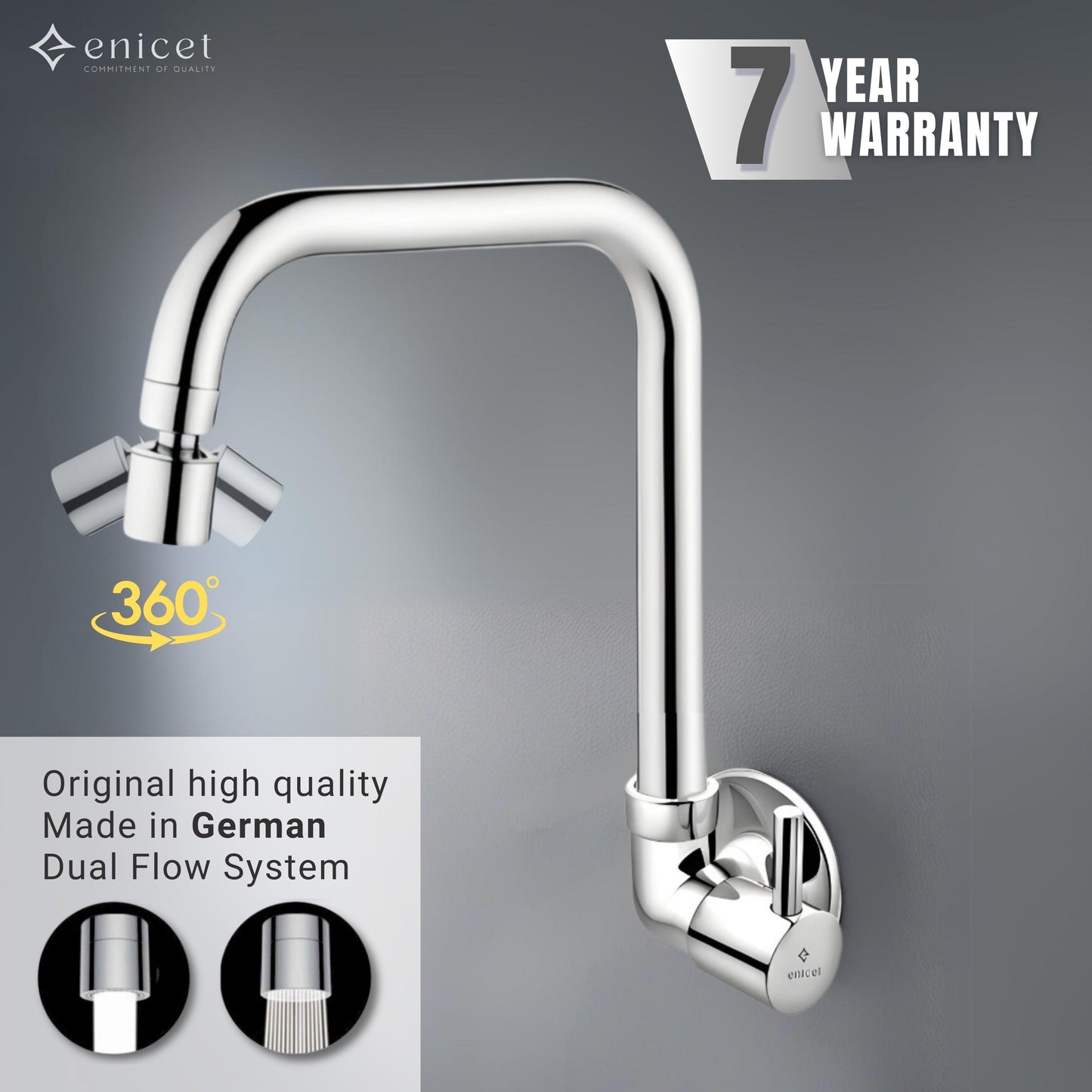 ENICET Side Sink Cock with 2 Flow Function, Chrome Finish, Silver, with Wall Flange, 360° Swivel Spout, Adjustable Angle Head, Kitchen Sink Tap, Tap for Kitchen Sink, Dual Flow
