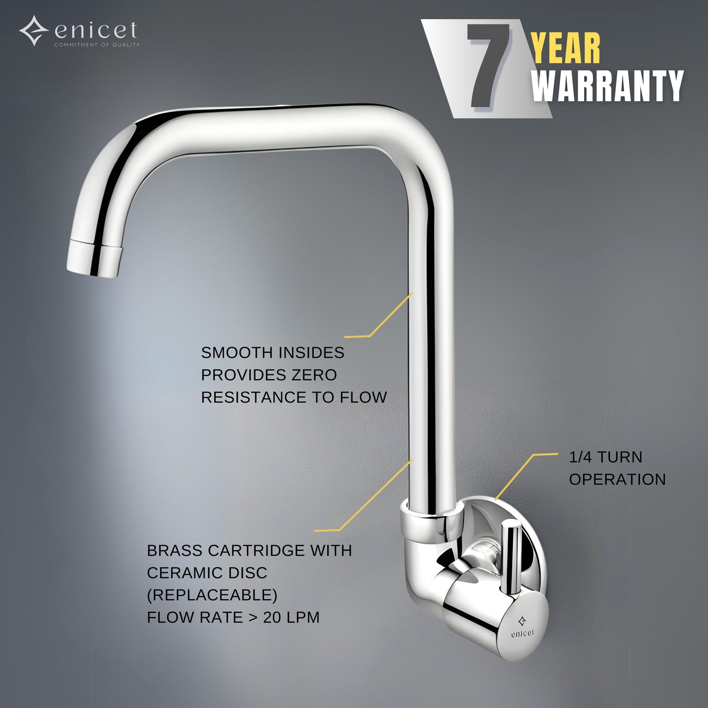 ENICET Side Sink Cock with Extended Spout, Chrome Finish, Silver, with Wall Flange, 360° Rotating Swivel Spout, Kitchen Sink Tap, Tap for Kitchen Sink, Wall Mount