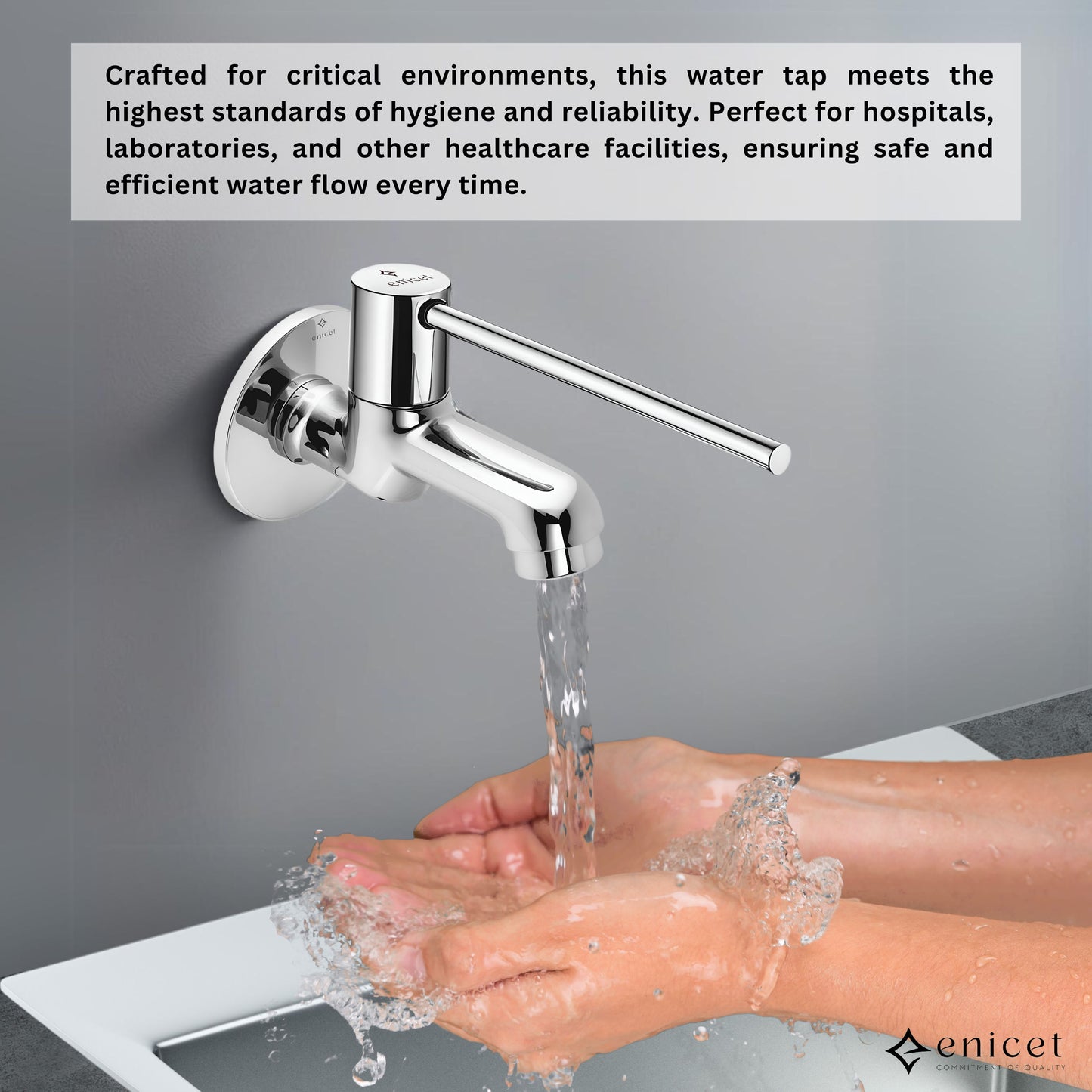 Enicet Bib Cock, Brass Build, Chrome Finish, Long Handle, Elbow/Wrist Operated, Sink Tap, Tap for Wash Basin