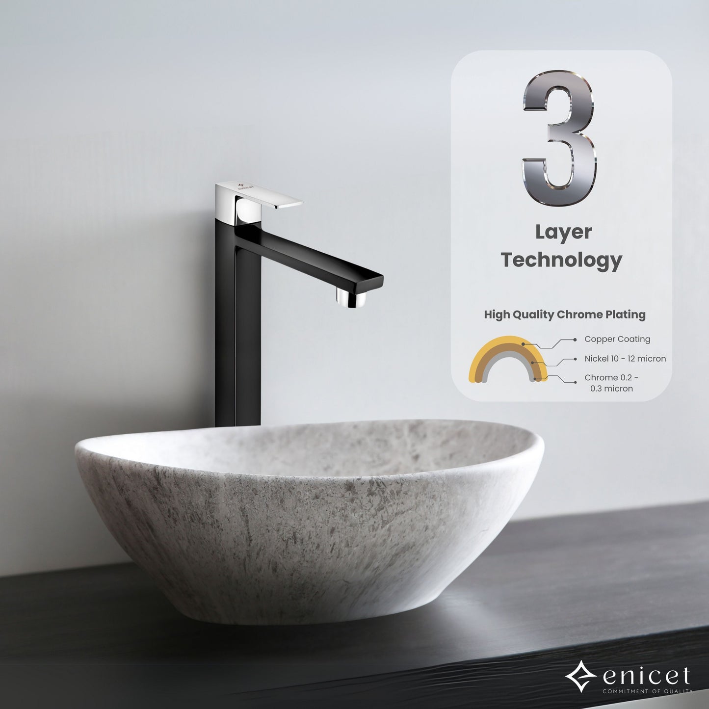 ENICET High Neck Pillar Cock, Matte Black and silver Body, 12 inch Tall Extended Body, Foam Flow, Wash Basin Pillar Tap, Sink Tap for Kitchen and Bathroom