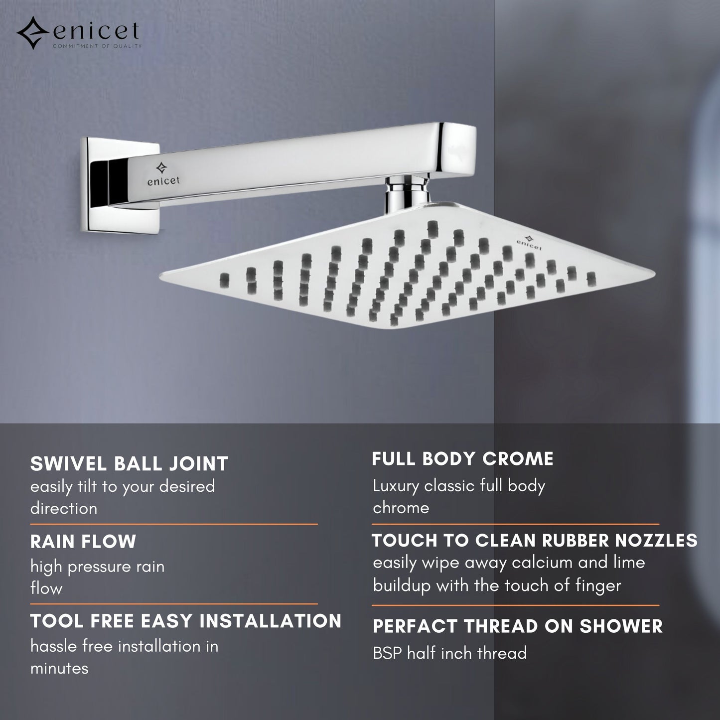 Enicet Single Lever Diverter With Spout, Overhead Shower & Hand Shower, High Flow, rust-resistant, Chrome Plated, 3 Flow Function Hand Shower, Bathroom Shower Set, Bathroom Mixer