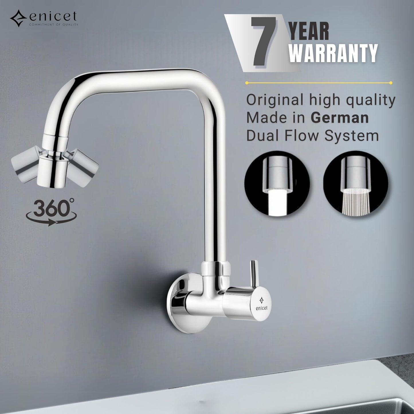 ENICET Sink Cock with 2 Flow Function, Chrome Finish, Silver, with Wall Flange, 360° Rotating Swivel Spout, Adjustable Angle Head, Kitchen Sink Tap, Tap for Kitchen Sink, Dual Flow