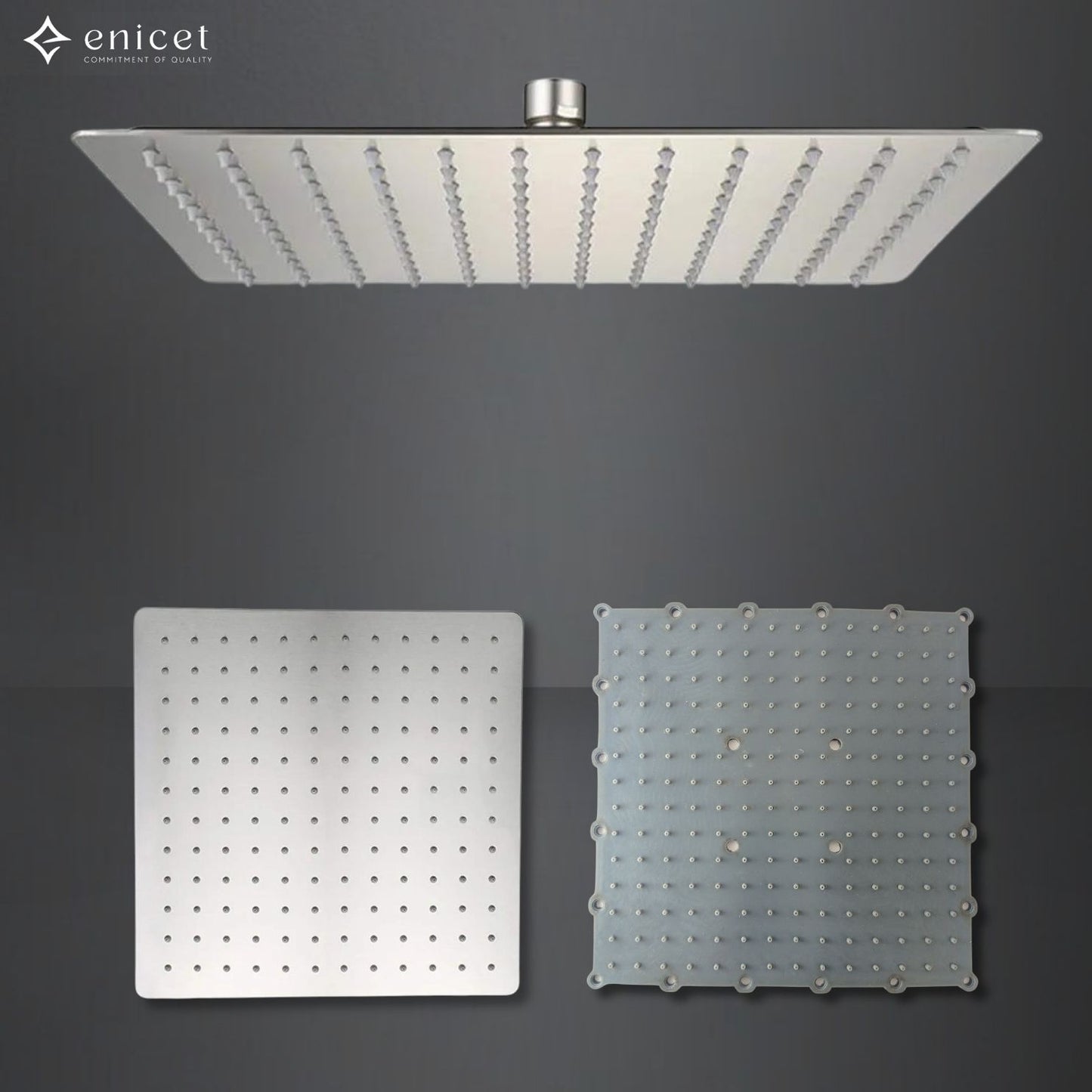 ENICET 12 Inch Shower, Stainless Steel 304, Ultra Slim, Rain FLow, 12X12 Shower With Arm & Flange, Square Shower Head For Bathroom, Easy to Clean Soft Rubber Nozzles