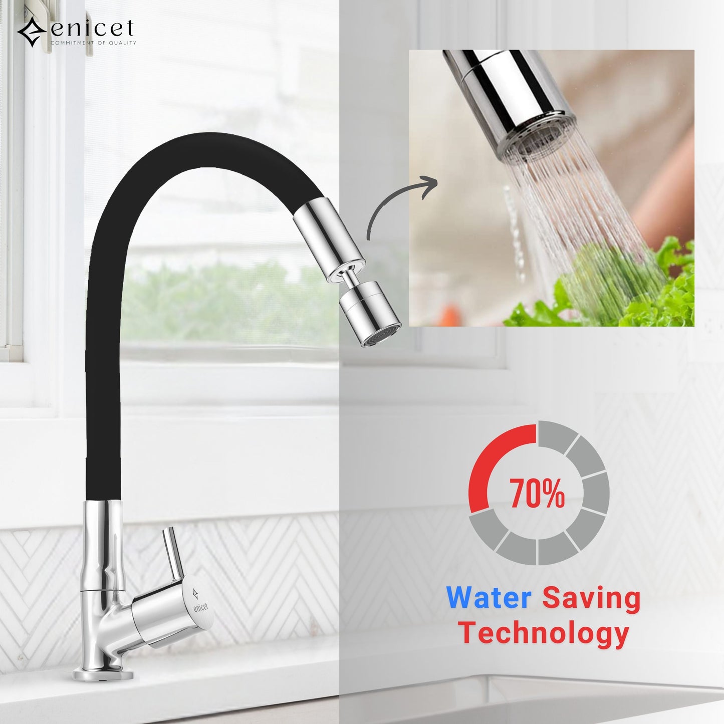 ENICET Dual Flow Swan Neck Sink Tap with Flexible Spout, 360 Swivel Spout, Germany Made 2 Flow System, Deck Mount, rust-resistant , Kitchen Sink Tap, Tap for Kitchen Sink, Wash Basin Tap
