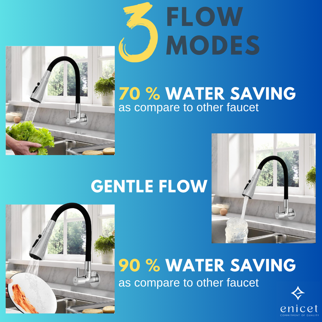 Enicet Flexible Neck Sink Tap for Kitchen, Wall Mount, Chrome Finish, 3 Flow Function, 360 Swinging Swivel Spout, Brass Build, Kitchen Sink Tap