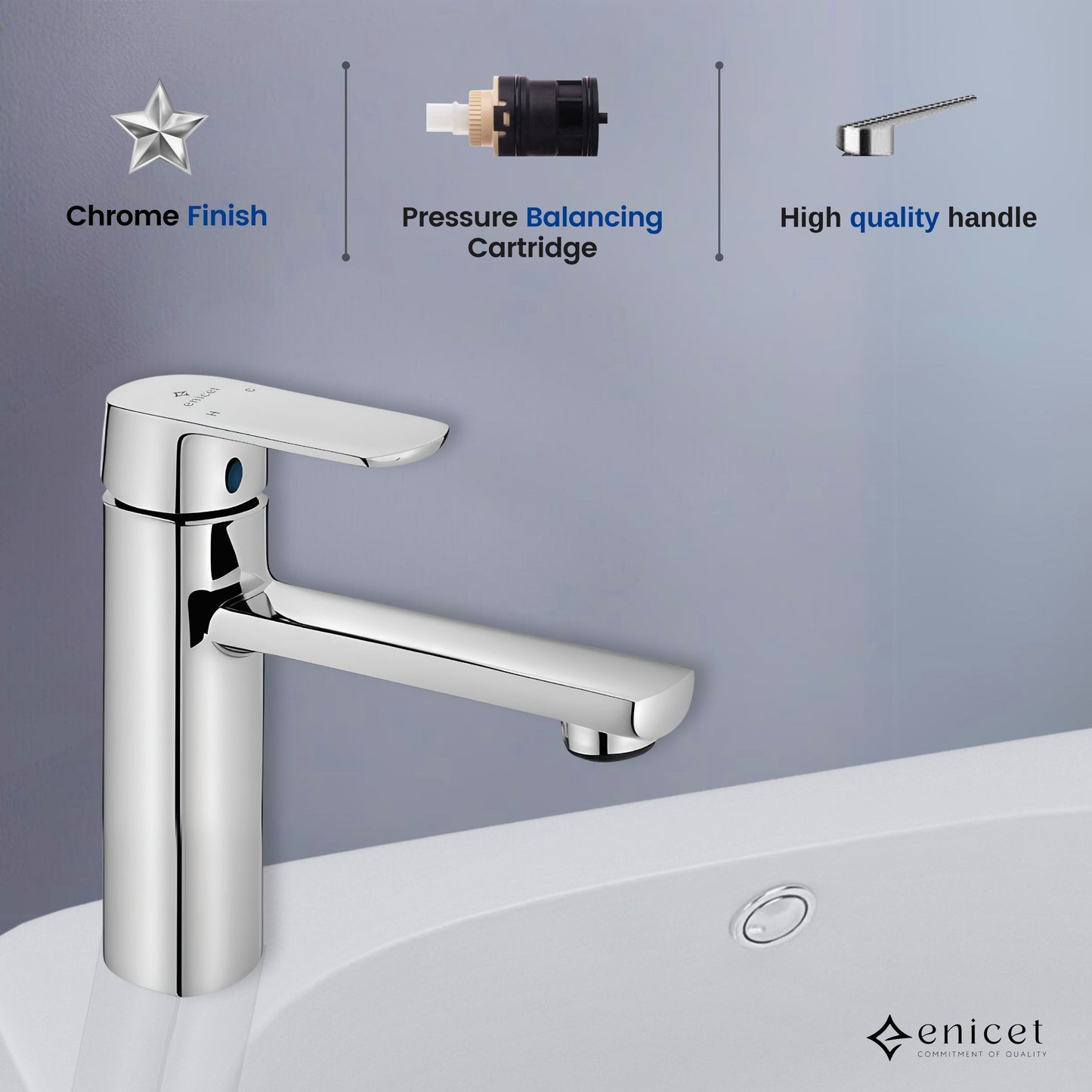 ENICET Single Lever Basin Mixer, 7 Inch Tall, Brass Build, Chrome Finish, Hot and Cold Mixer Tap for Bathroom, Sink Mixer for Kitchen, Water Tap for Wash Basin