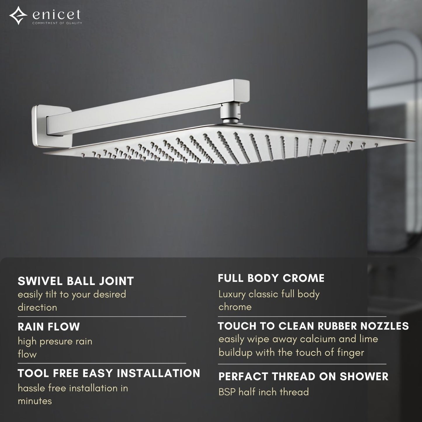ENICET 8 Inch Shower, Stainless Steel 304, Ultra Slim, Rain FLow, Shower With Arm & Flange, 8X8 Square Shower Head For Bathroom, Easy to Clean Soft Rubber Nozzles