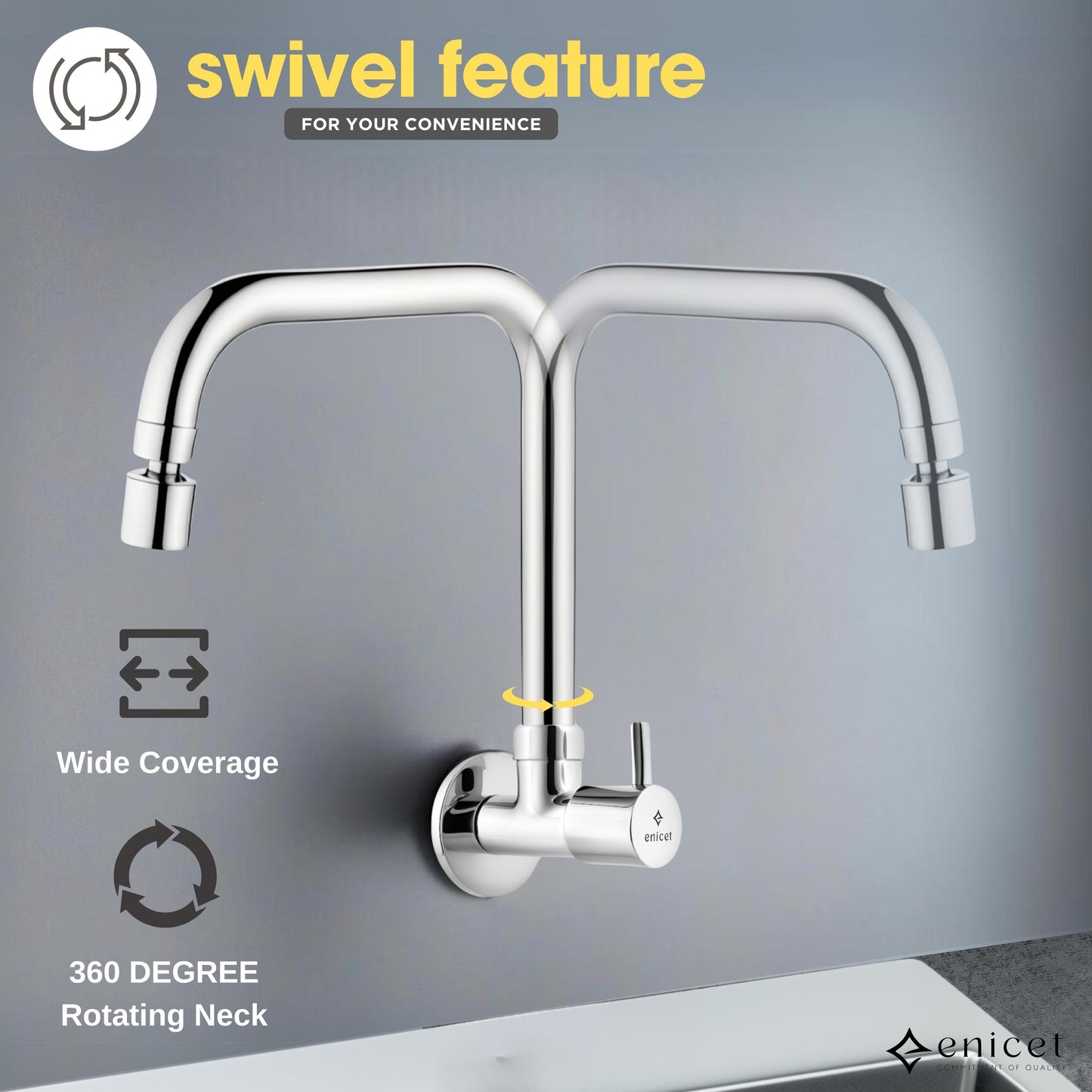 ENICET Sink Cock with 2 Flow Function, Chrome Finish, Silver, with Wall Flange, 360° Rotating Swivel Spout, Adjustable Angle Head, Kitchen Sink Tap, Tap for Kitchen Sink, Dual Flow