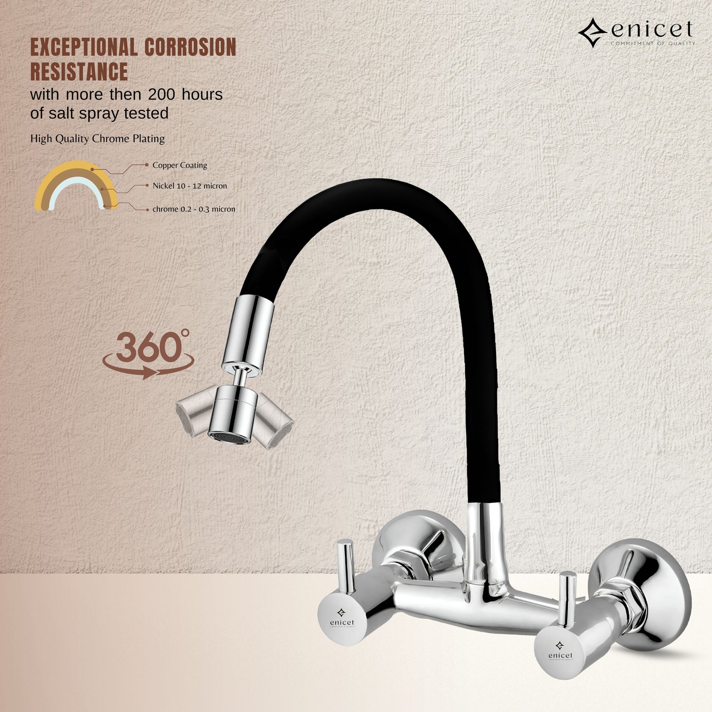 Enicet rust-resistant Sink Mixer with Flexible Spout, 2 Flow System, Chrome Plated, 360 Degree Swinging Swivel Flexible Spout, Dual Flow Adjustable Head, Kitchen Sink Tap Mixer