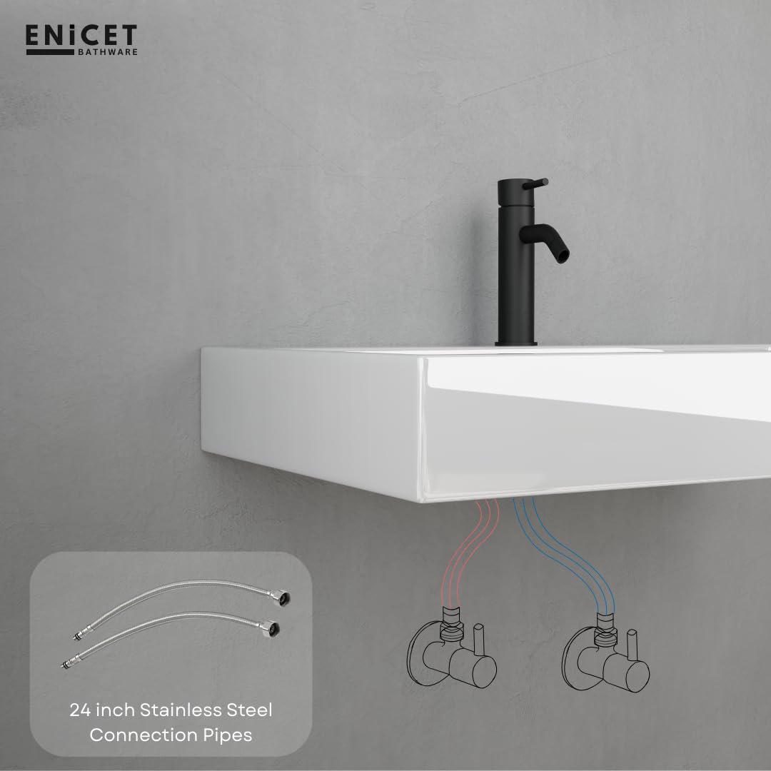 ENICET Brass Single Lever Basin Mixer with Connection Pipe, Made Black Finish, Hot and Cold Water Mixer Tap, 7 Years Warranty, Bathroom Wash Basin Mixer Tap, Pillar Cock