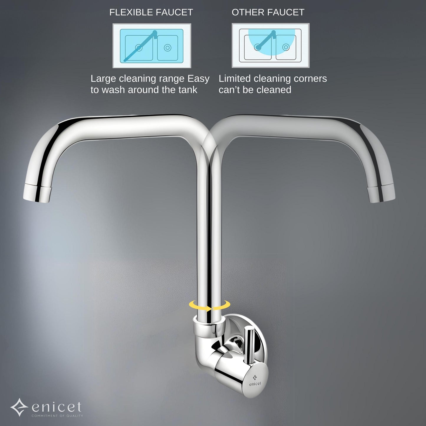ENICET Side Sink Cock with Extended Spout, Chrome Finish, Silver, with Wall Flange, 360° Rotating Swivel Spout, Kitchen Sink Tap, Tap for Kitchen Sink, Wall Mount